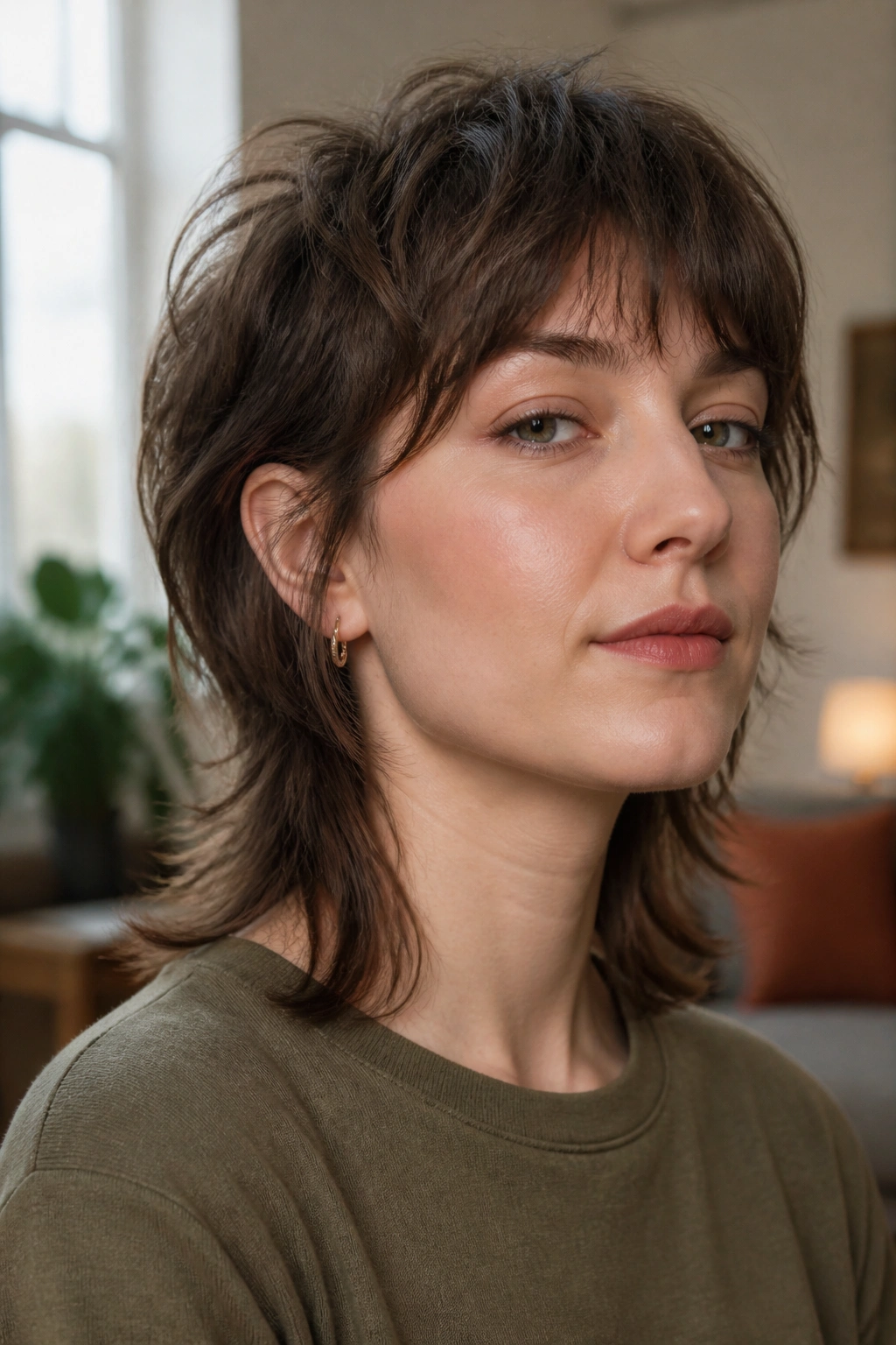 Close-up of a woman with a soft mullet and low weight removal.