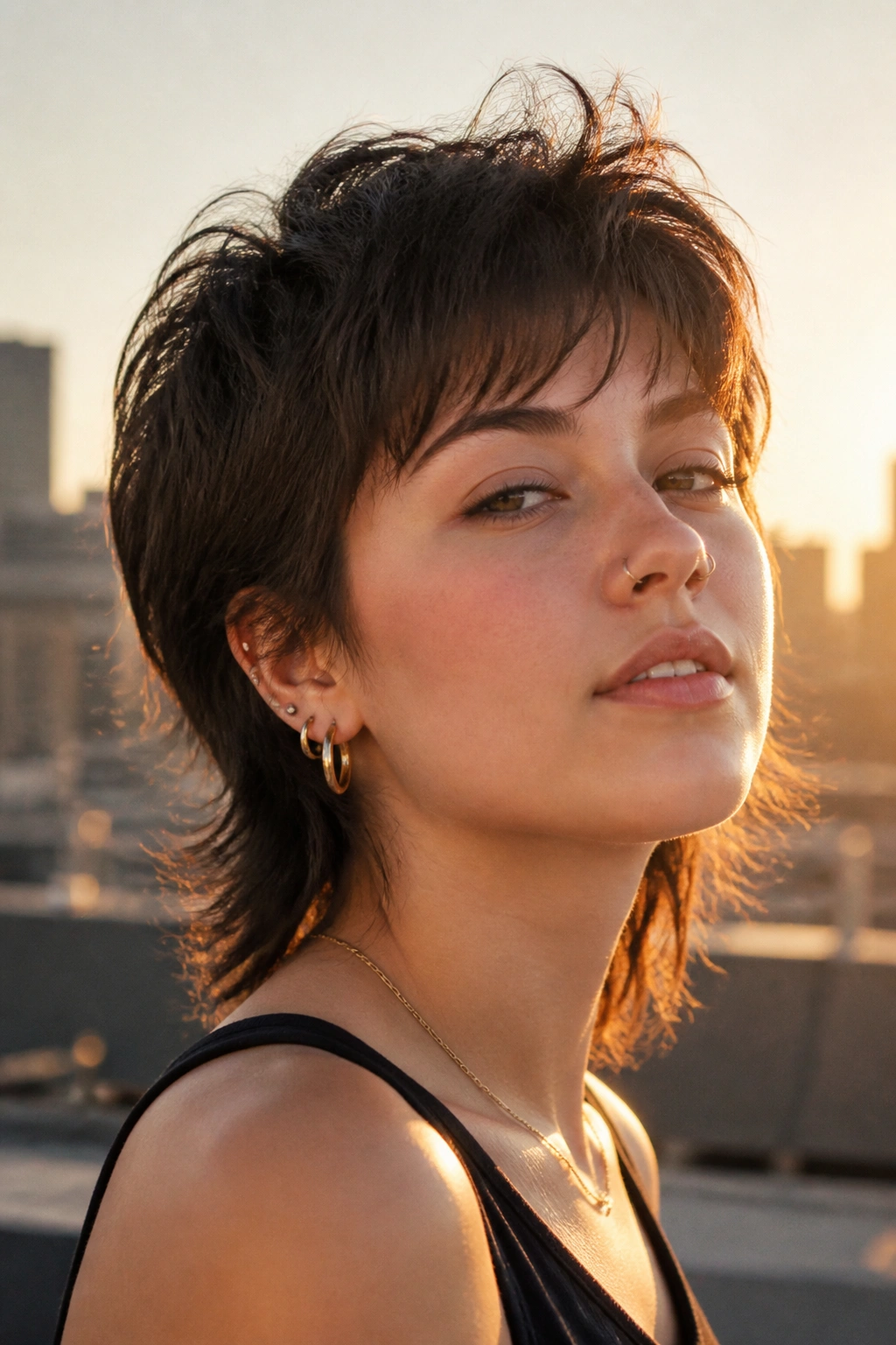 Portrait of a real person with a soft mullet wolf cut in golden hour light.