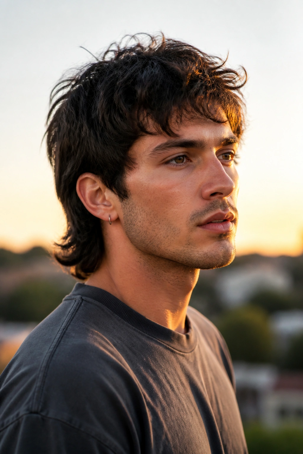 Three-quarter portrait of a man with soft mullet wolf cut outdoors at golden hour.