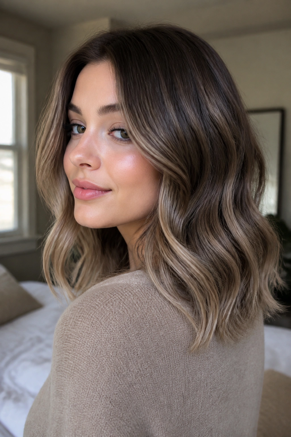 Close-up portrait of a real woman with soft mushroom-beige melt hair color featuring brunette roots, mushroom mid-tones, and beige ends