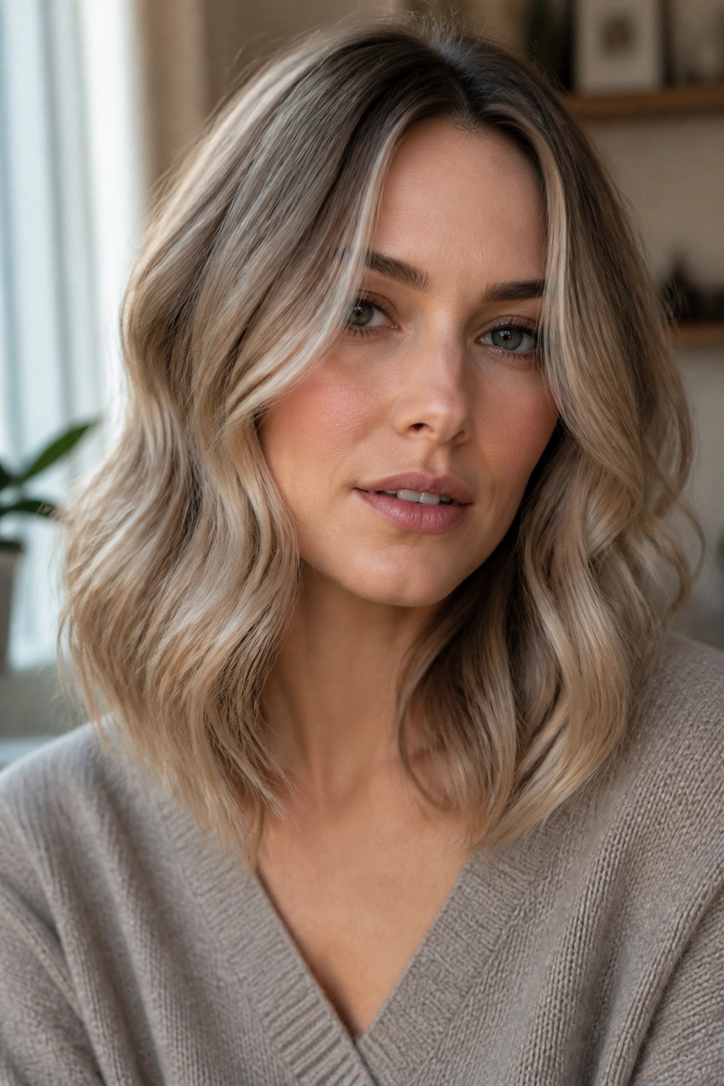 Close-up portrait of a real woman with soft mushroom sandy blonde hair and cool ash beige tones