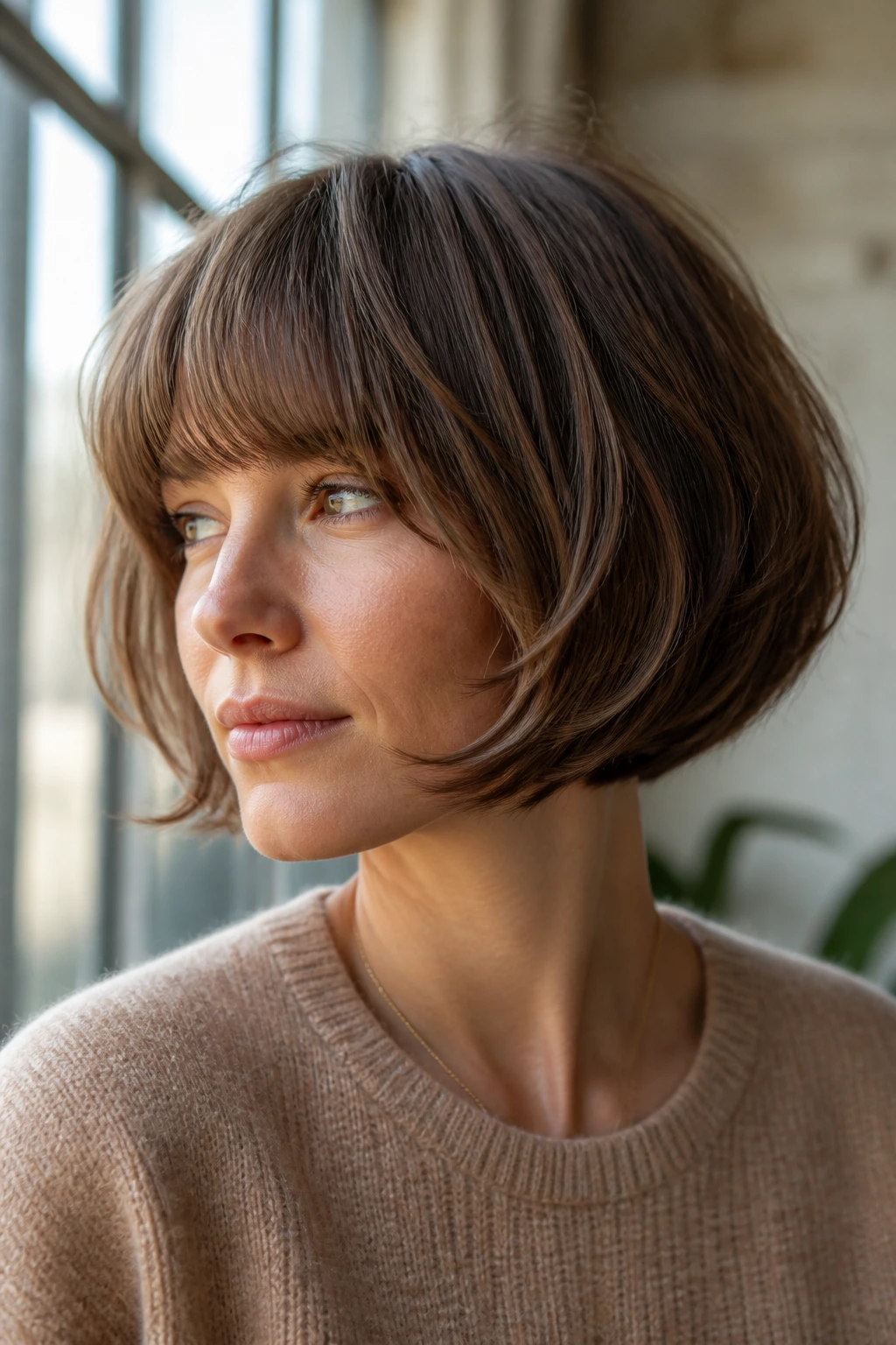 Close-up portrait of a real woman with a soft mushroom bob and modern bend, rounded crown and subtle back graduation.