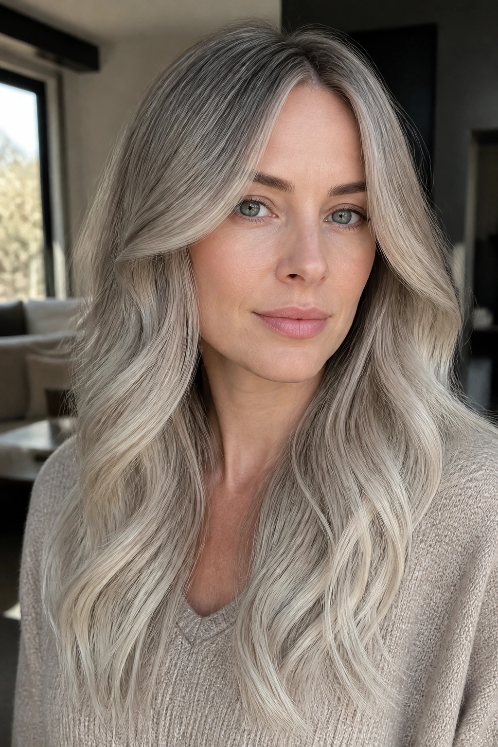 Close-up of a real woman with soft mushroom platinum hair blend, ash roots and platinum ends.