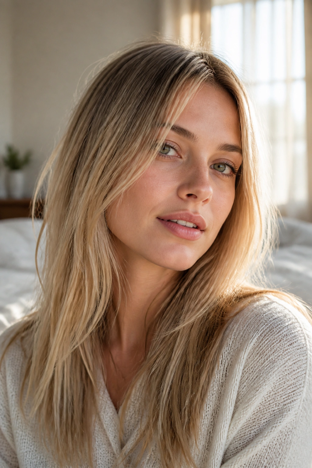 Portrait of a woman with soft Nordic honey blonde for fine hair in natural light.