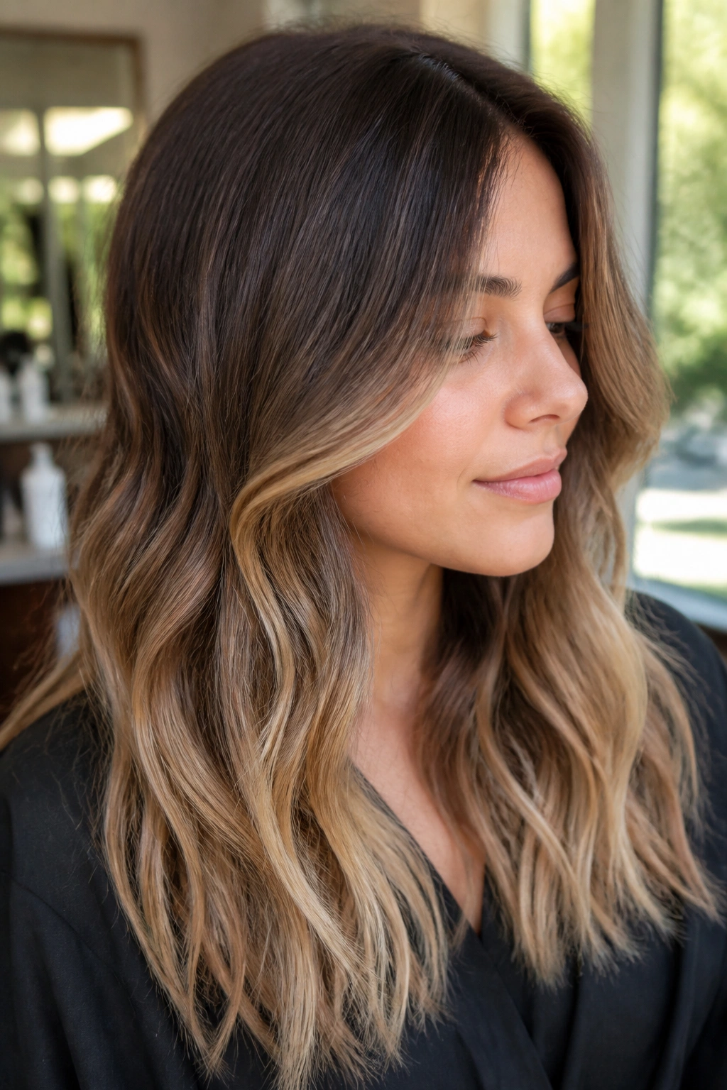 Close-up of brown hair with soft ombré balayage blending on a real person