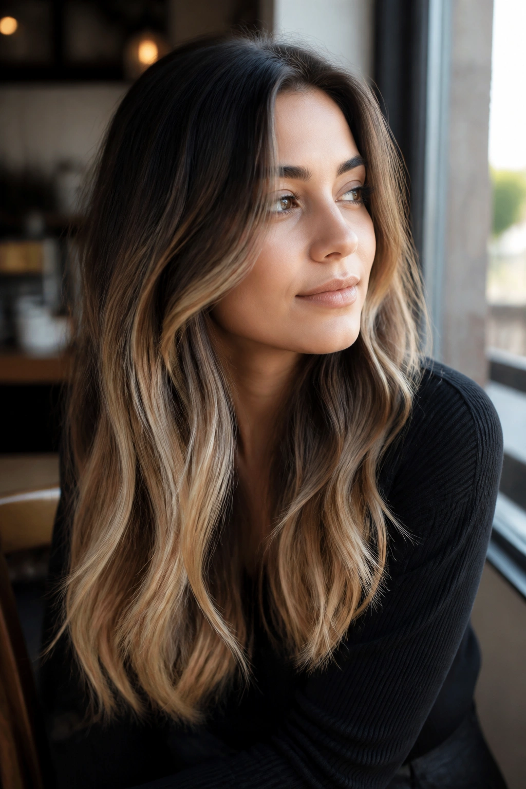 Close-up portrait of a woman with soft ombré balayage from dark roots to blonde tips.