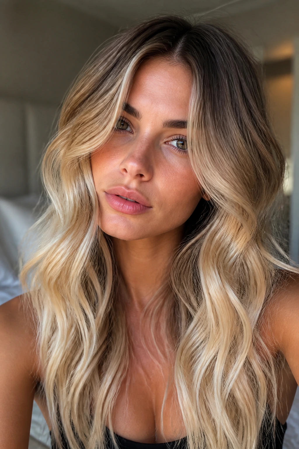 Close-up of a real woman with soft ombré blonde waves showing dark root and pale ends in warm bedroom light