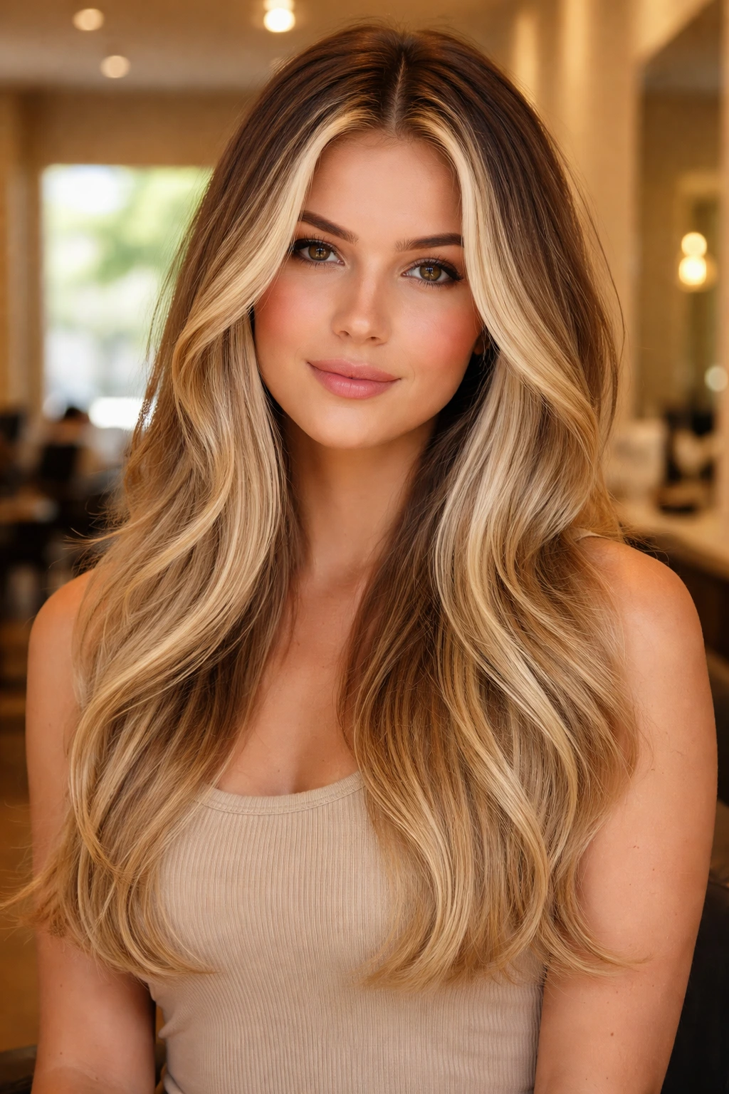 Portrait of a real woman with soft ombré and bright front pieces framing the face.