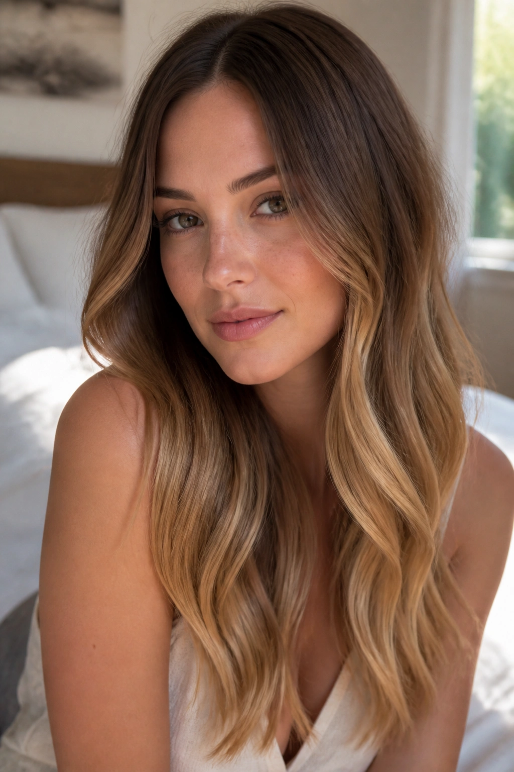 Close-up portrait of a real woman with soft ombré hair transitioning from cool brown roots to honey ends