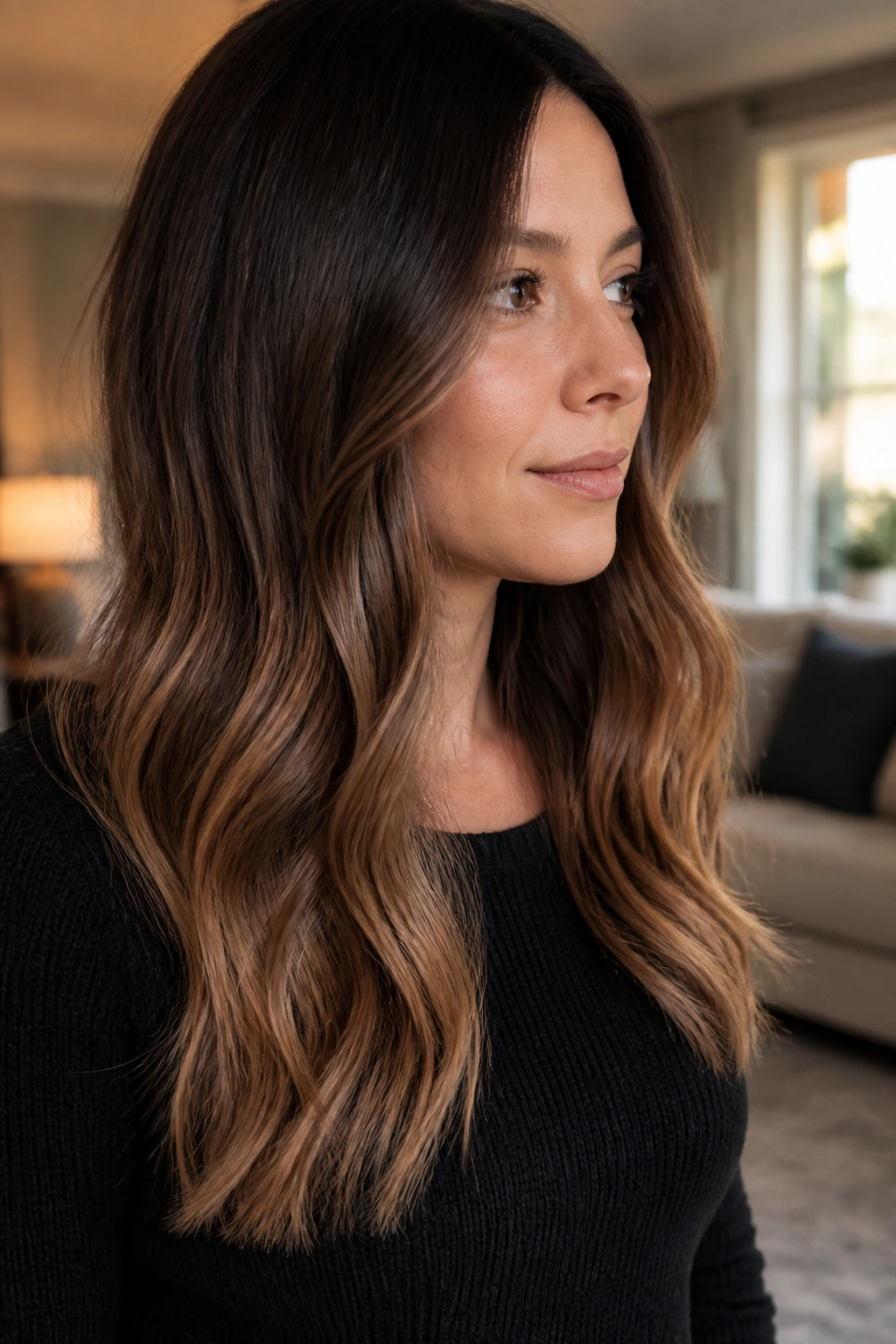 Soft ombré hair from root shadow to caramel tips on a real person