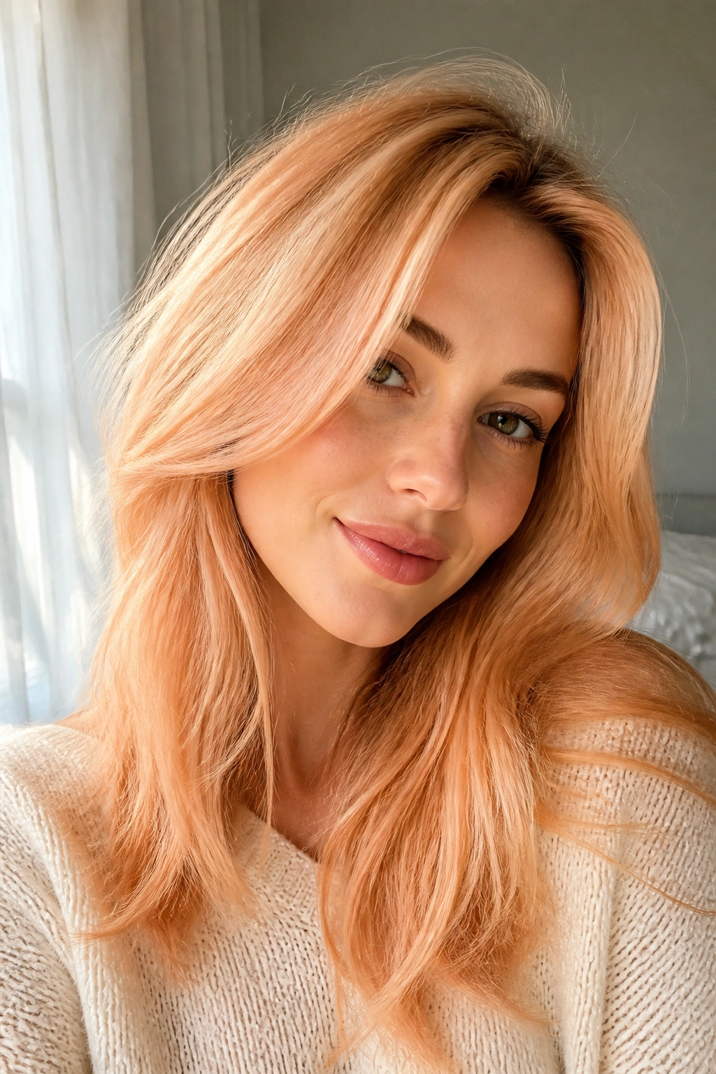 Close-up portrait of a real person with soft peach blonde hair