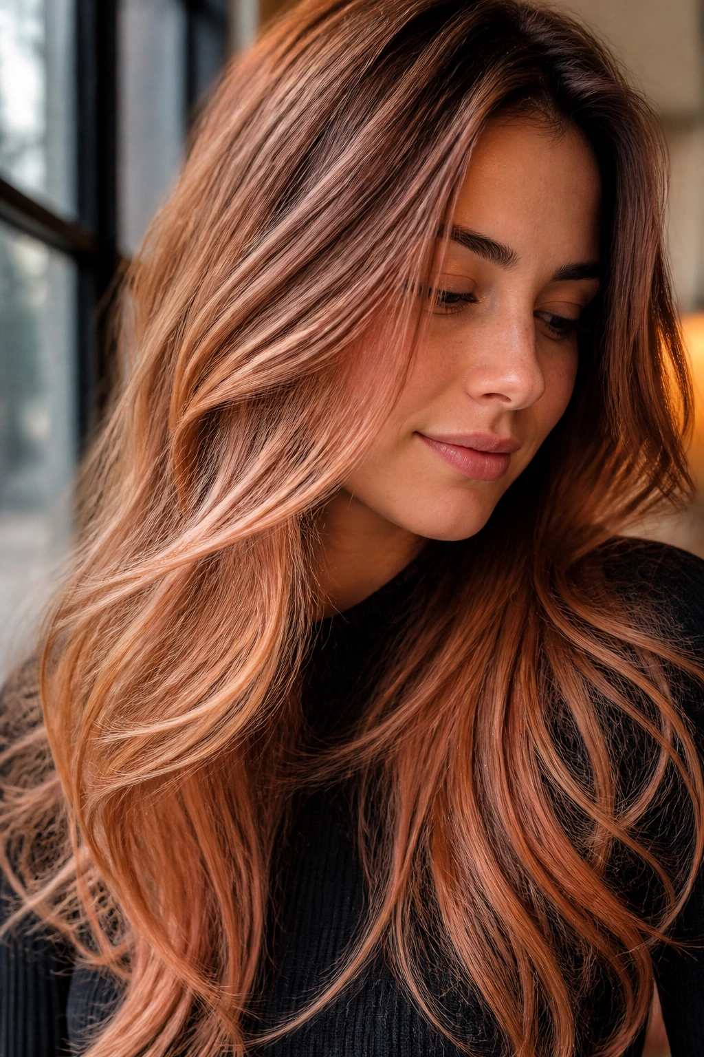 Real person with long layered hair showing soft peach copper balayage