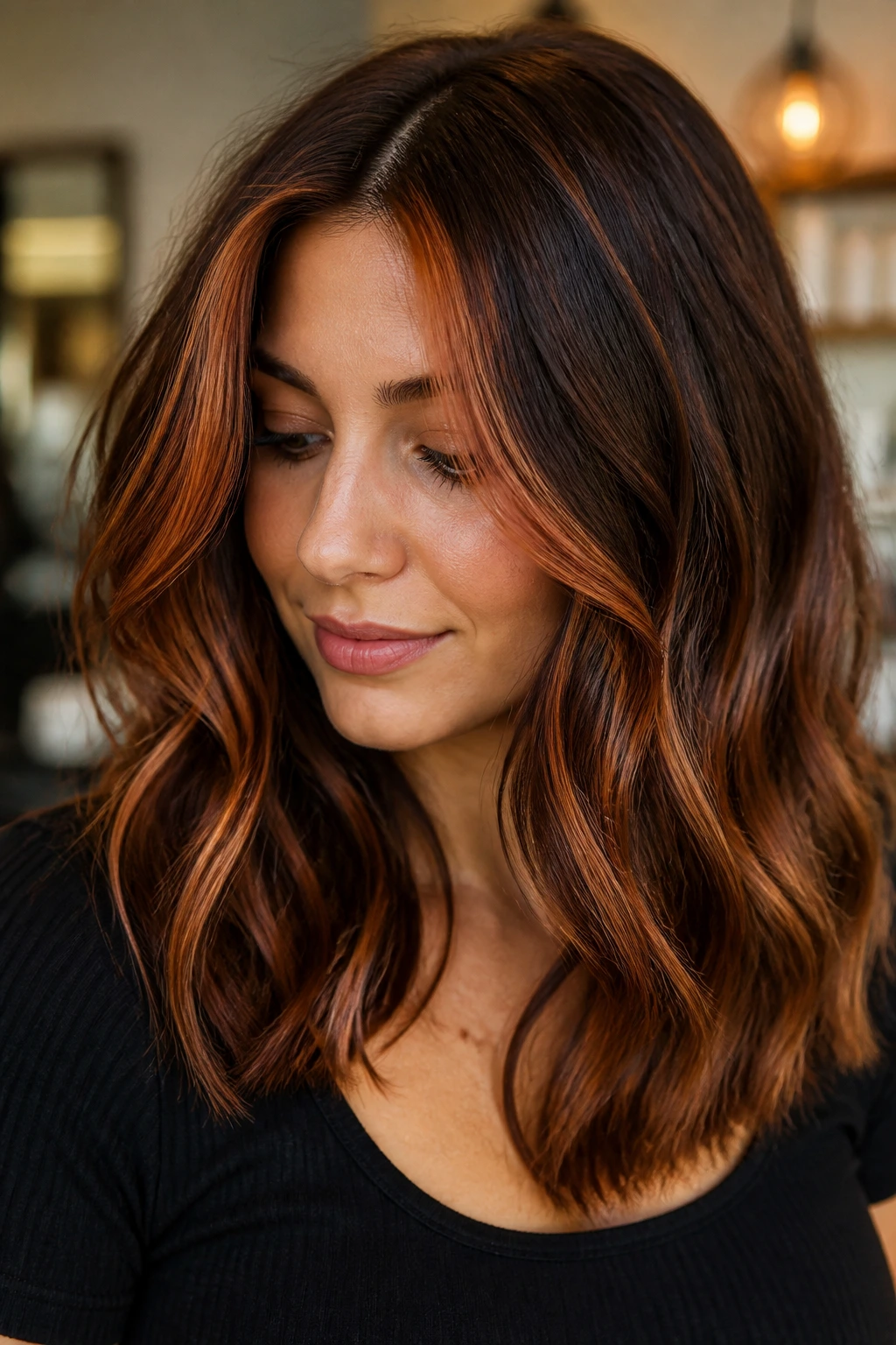Close-up portrait of a real person with soft copper penny ribbons in shoulder-length brown hair