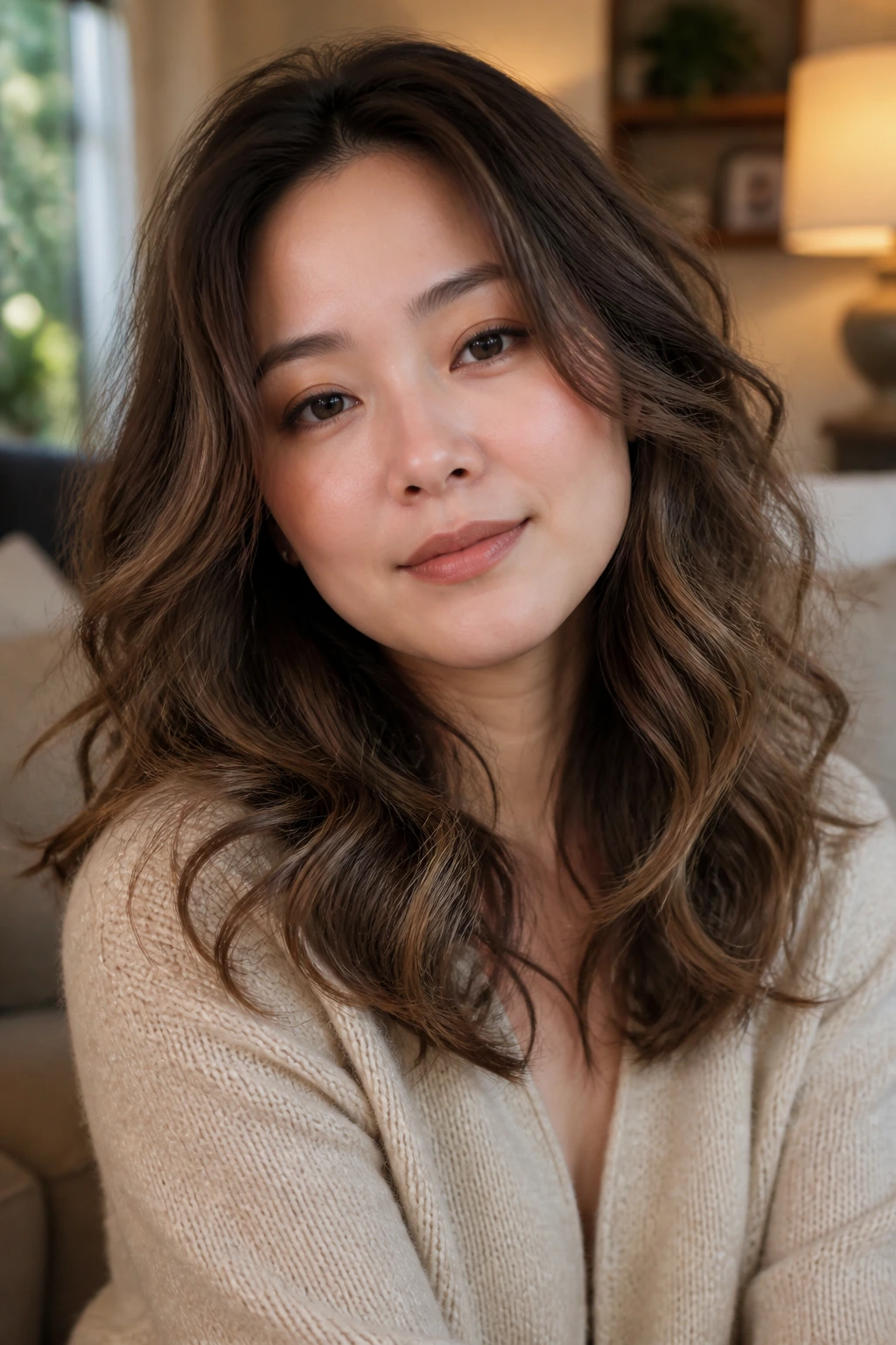 Close-up of a woman with soft perm-inspired waves