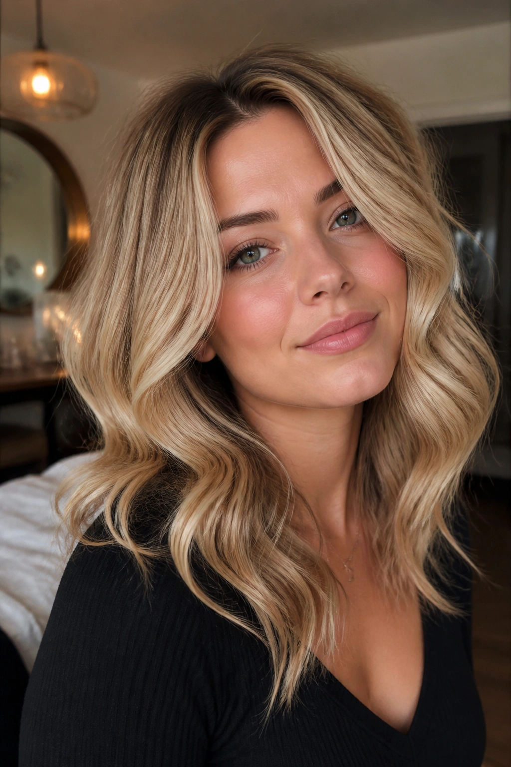 Close-up of real woman with soft perm-inspired waves and blonde highlights