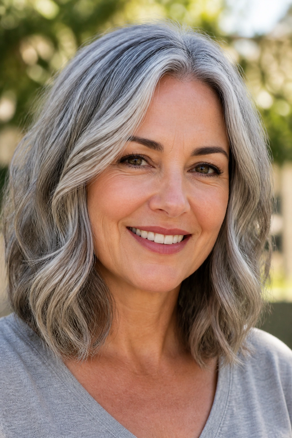 Close-up portrait of a woman with soft pewter waves