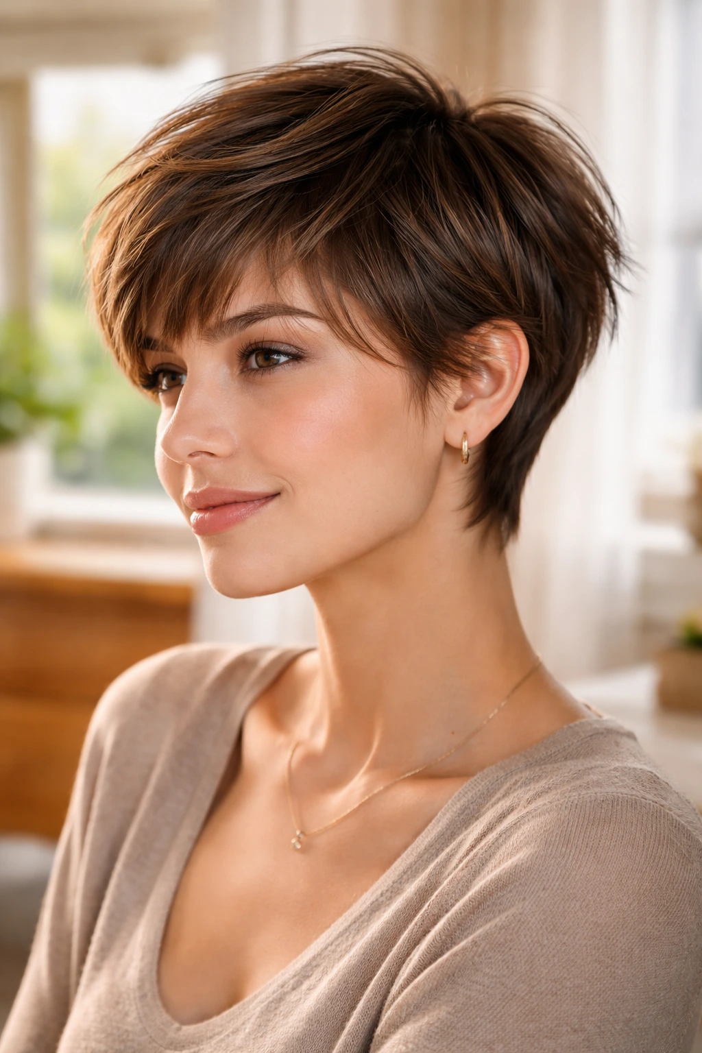 Close-up portrait of a real woman with soft, piecey layered pixie hairstyle.