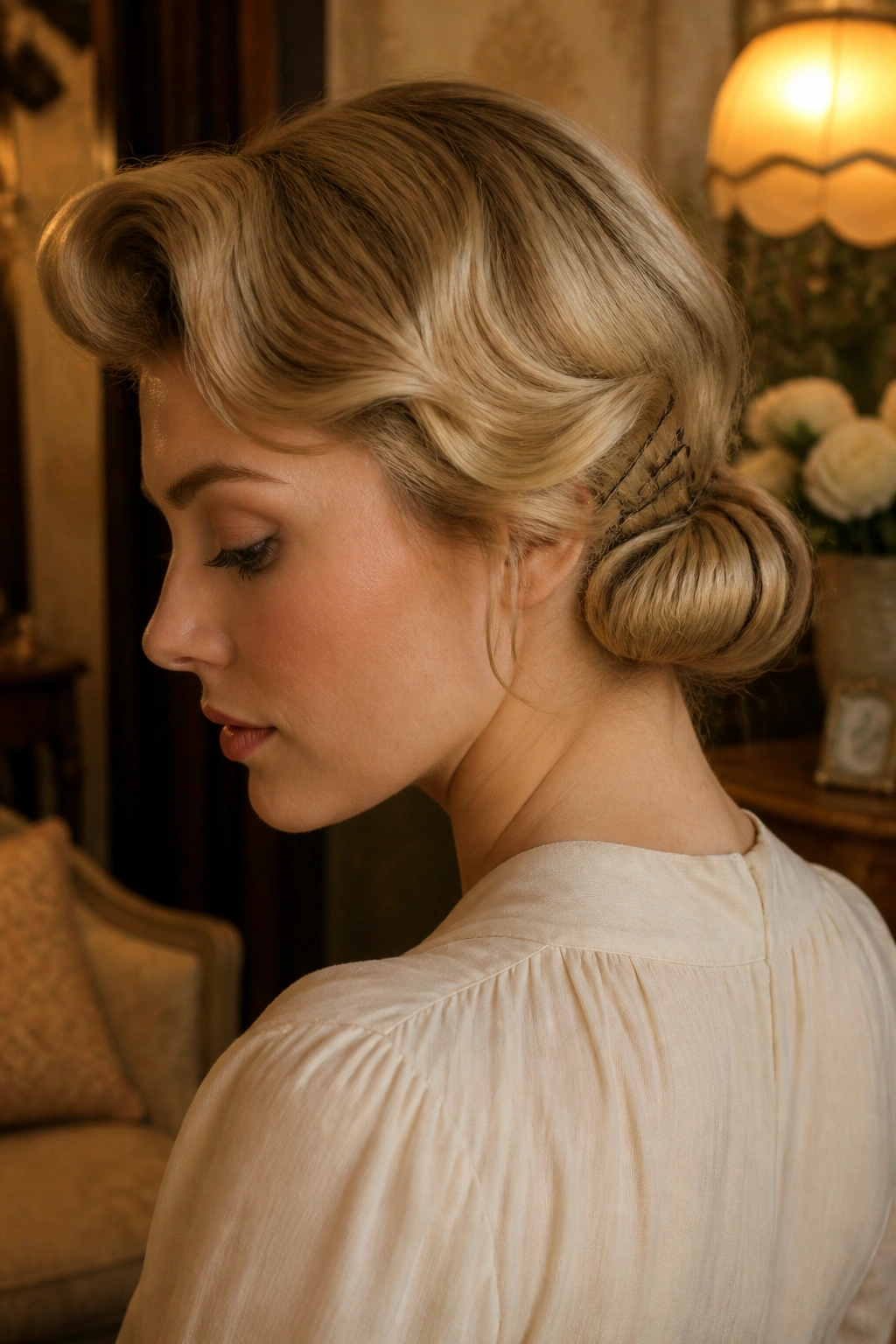 Soft pin-up roll at the nape hairstyle on real person