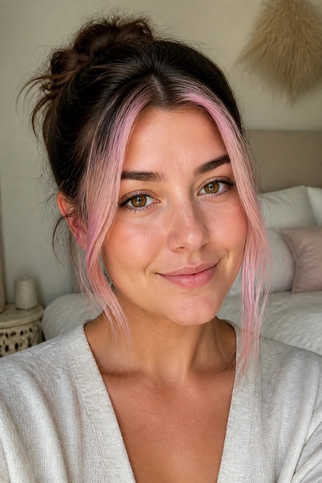 Close-up of a real woman with soft baby pink face-frame hair near the face