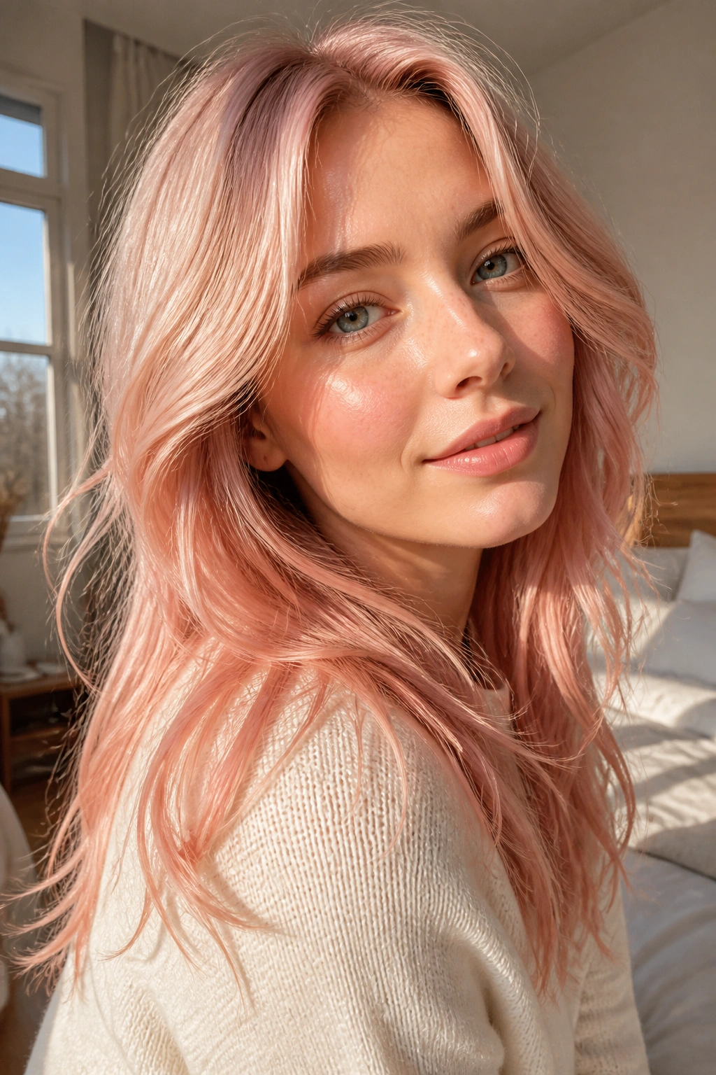 Close-up portrait of a real woman with soft pink strawberry blonde hair framing her face
