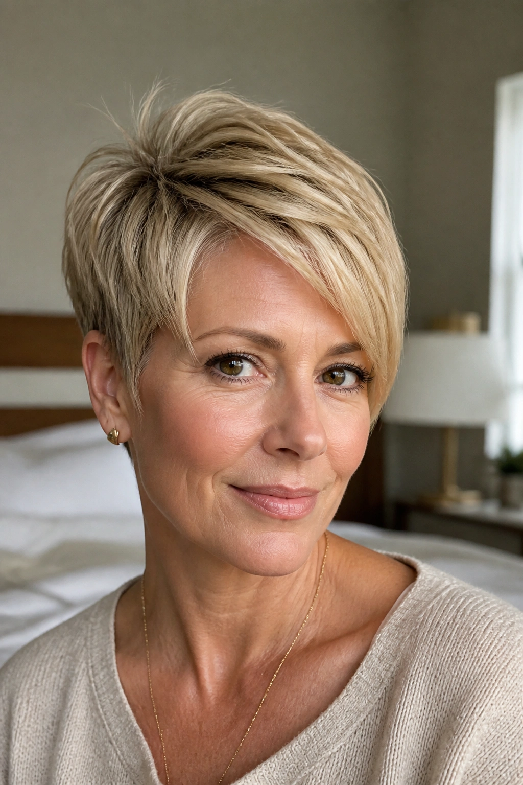 Close-up portrait of a real woman with a soft side-swept blond pixie haircut in warm natural light.