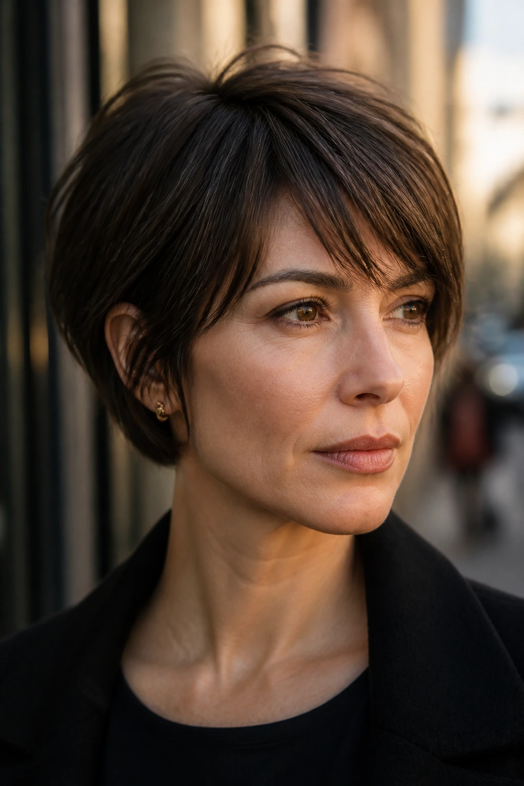 Close-up portrait of a real woman with Soft Pixie-Bob Hybrid on brunette hair