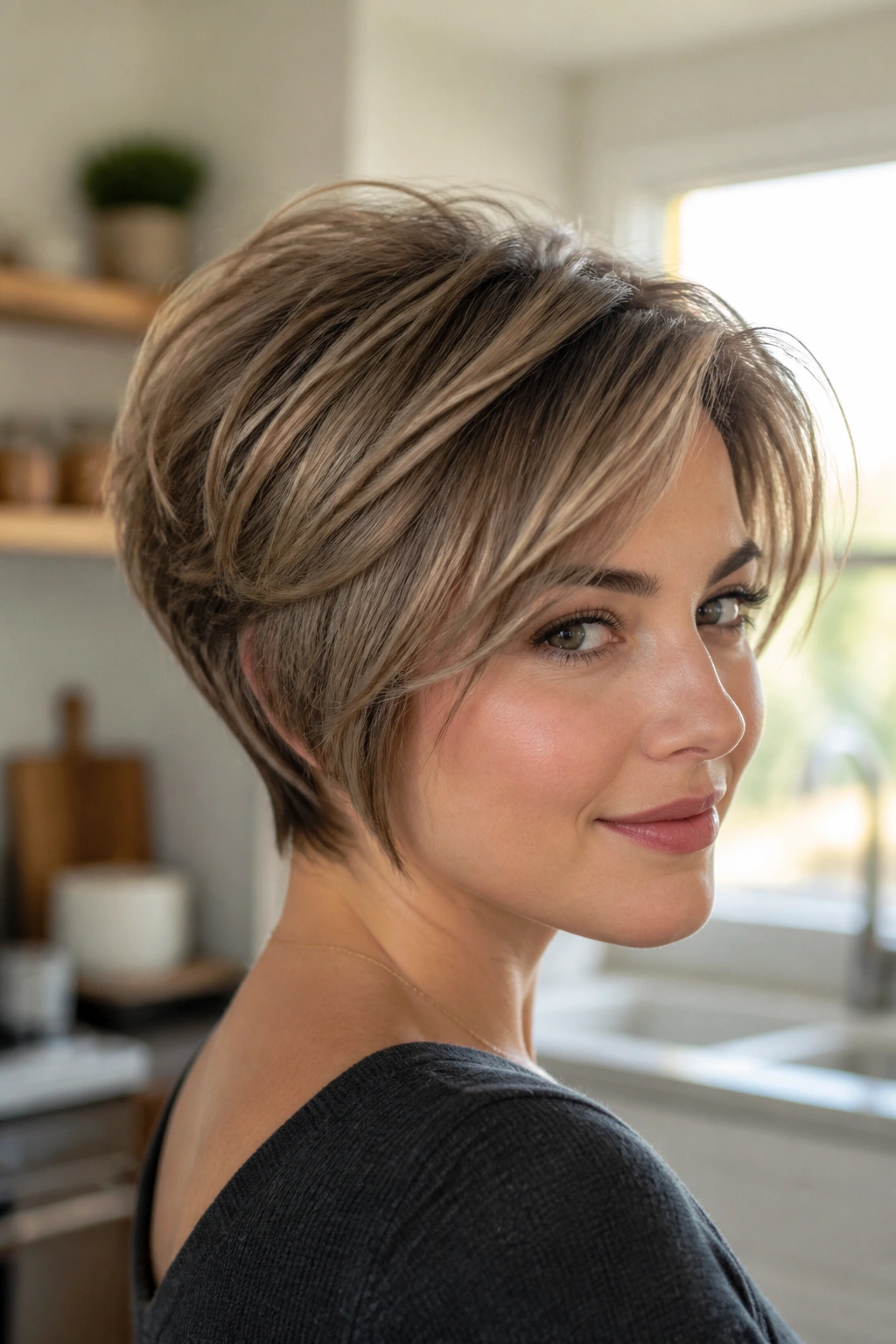 Real woman with soft pixie-bob stack styled up top in bright daylight