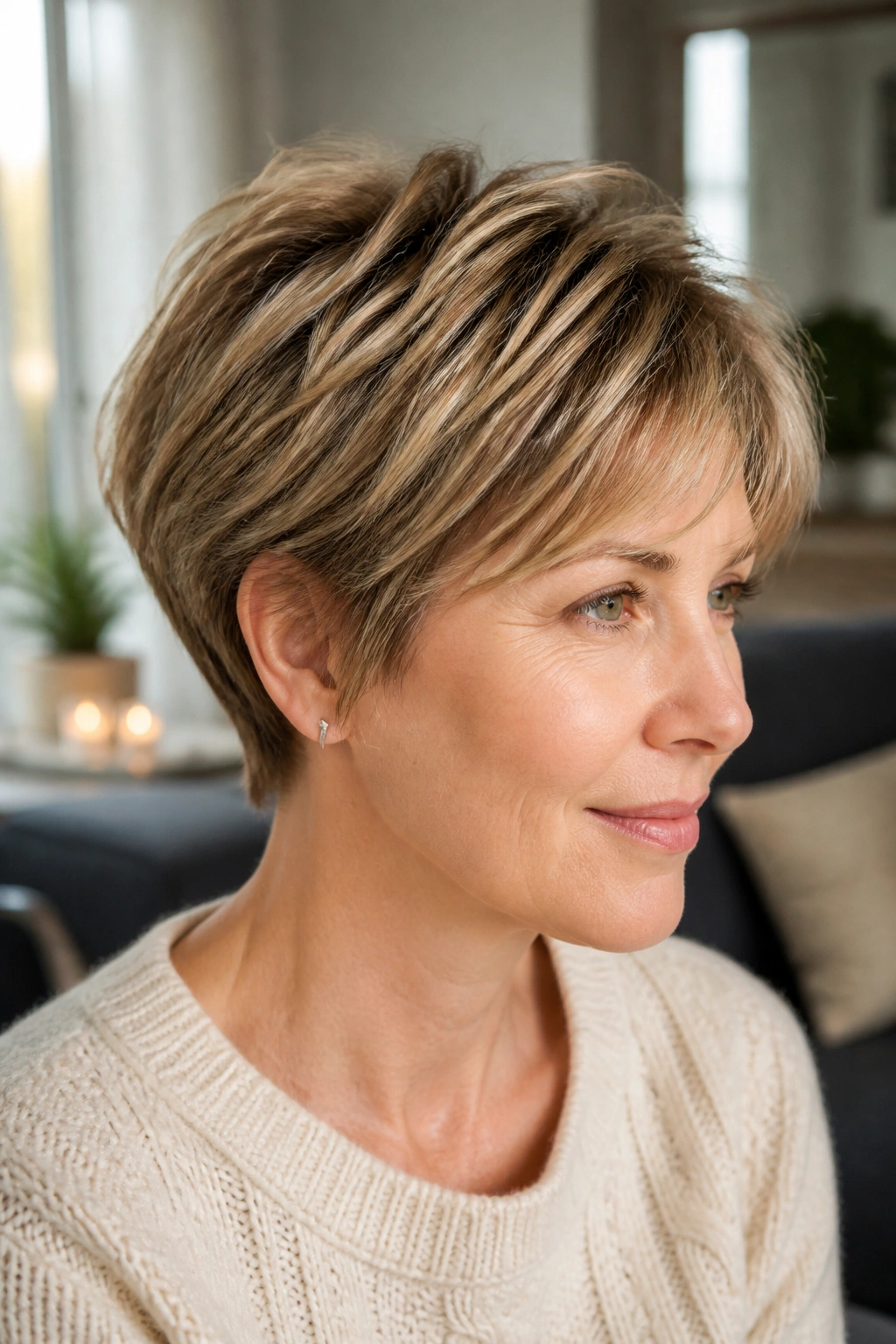 Real person with soft pixie bob and tapered nape in natural-lit living room