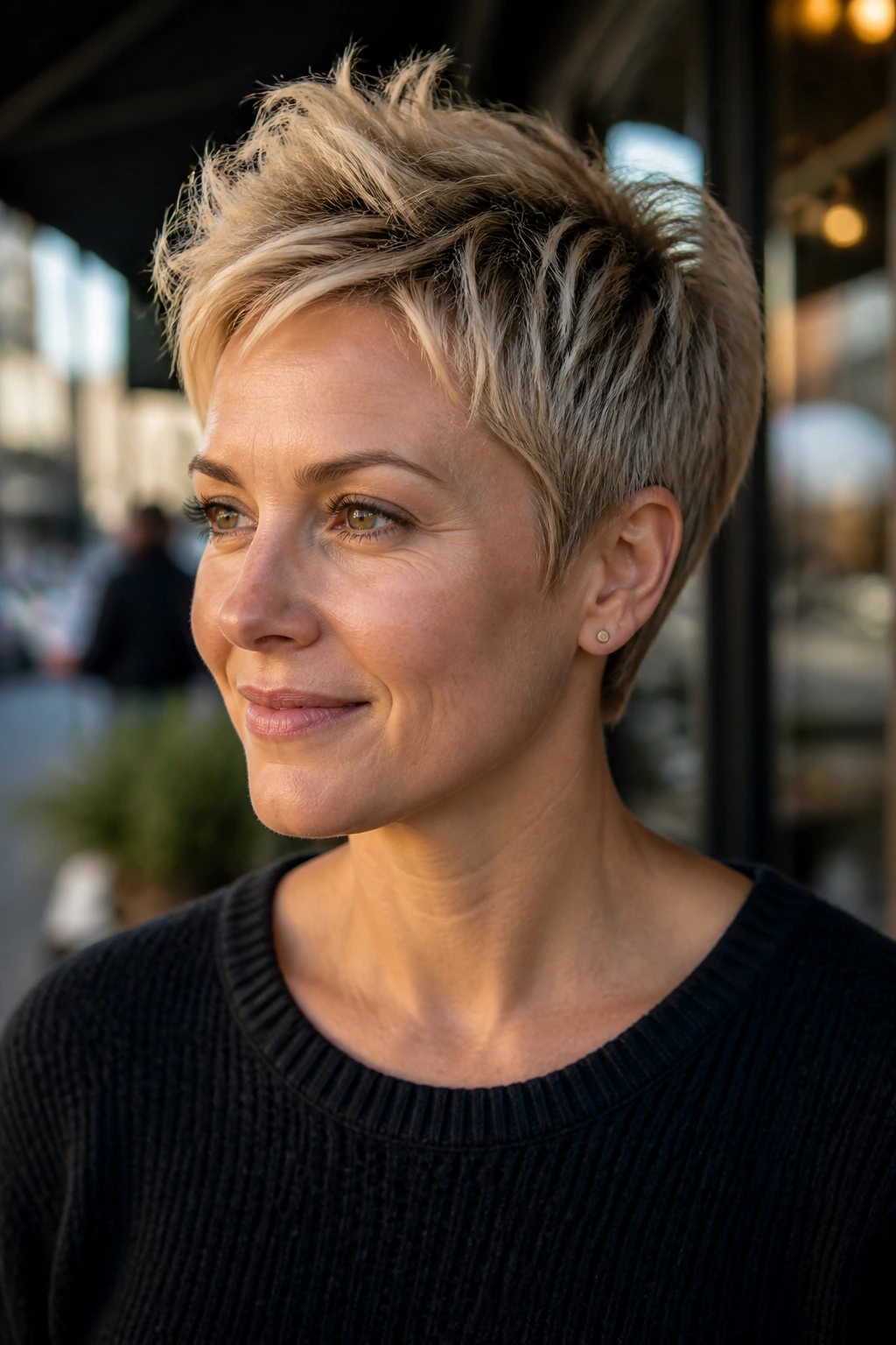 Close-up of a real woman with a soft pixie and crown height in natural light