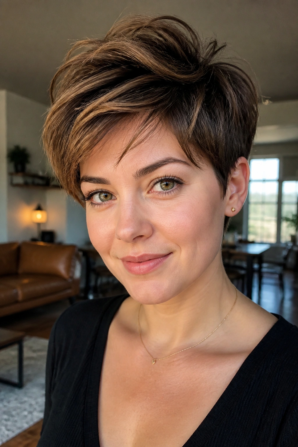 Close-up portrait of a real woman with Soft Pixie with Long Crown Layers hairstyle