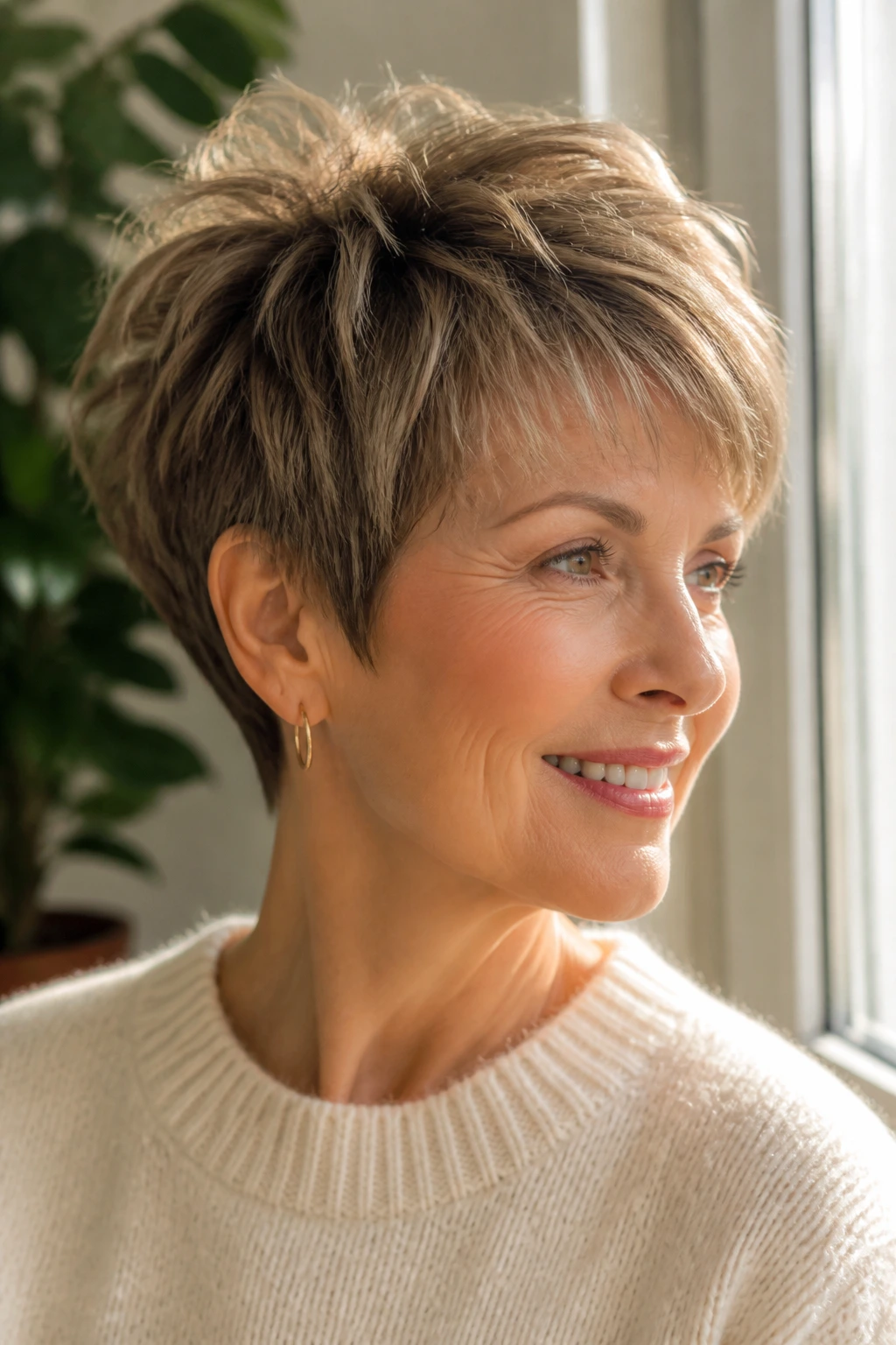 Close-up of soft pixie with crown texture on a real person in natural window light