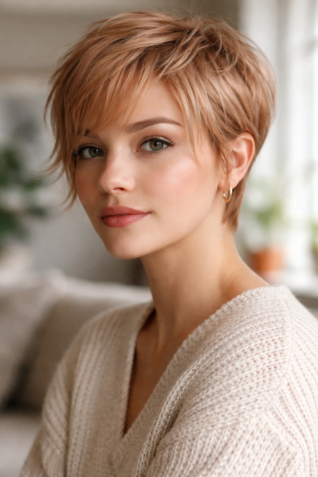 Close-up portrait of a woman with a soft pixie and wispy face-framing pieces by a window