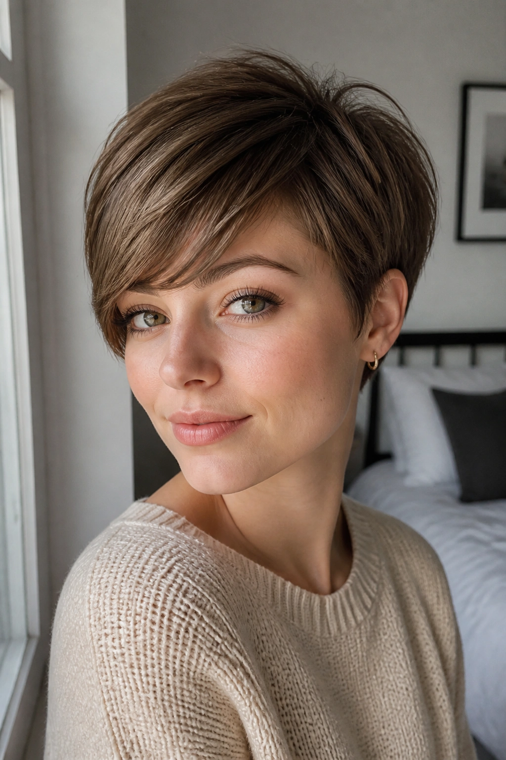 Close-up portrait of a real person with a soft pixie and side-swept fringe by a window