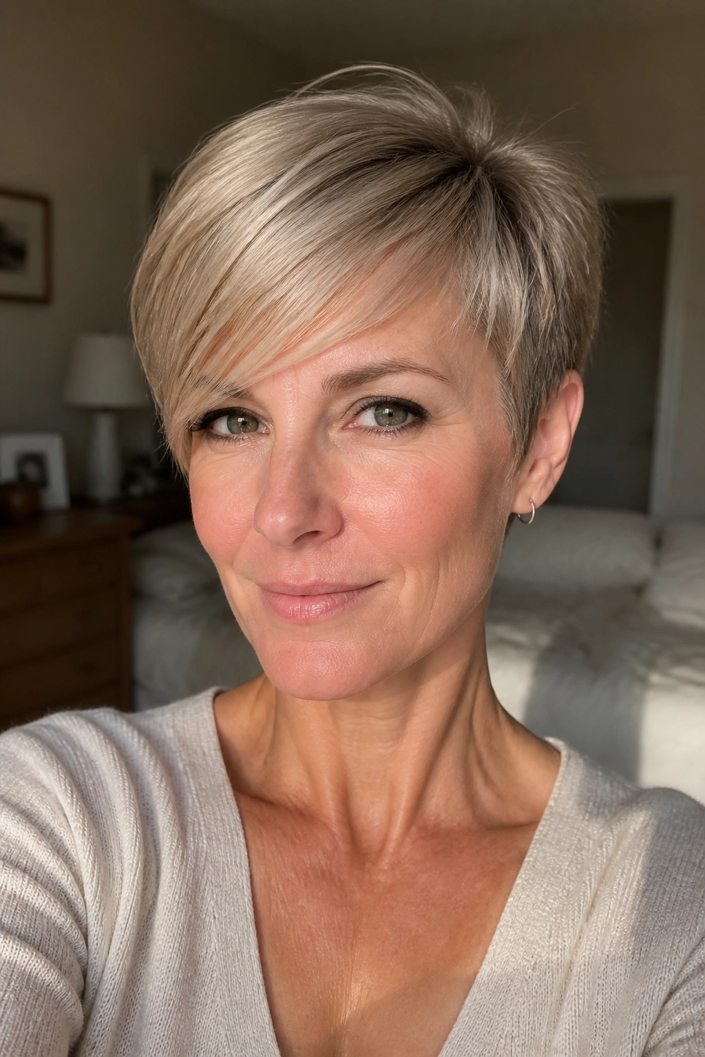 Close-up portrait of a real woman with a soft side-swept pixie and light crown lift in natural window light