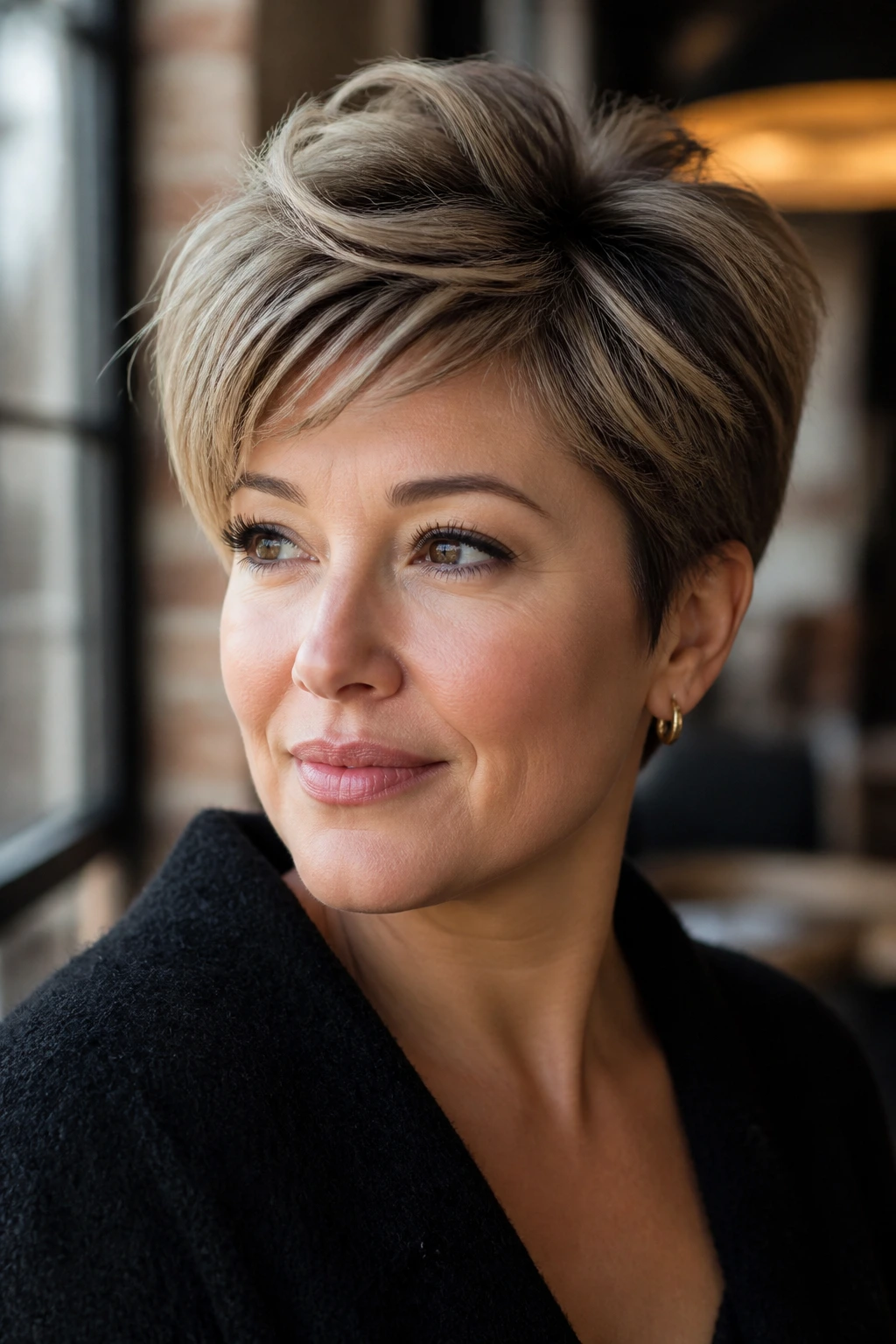 Close-up of real person with soft pixie height on top