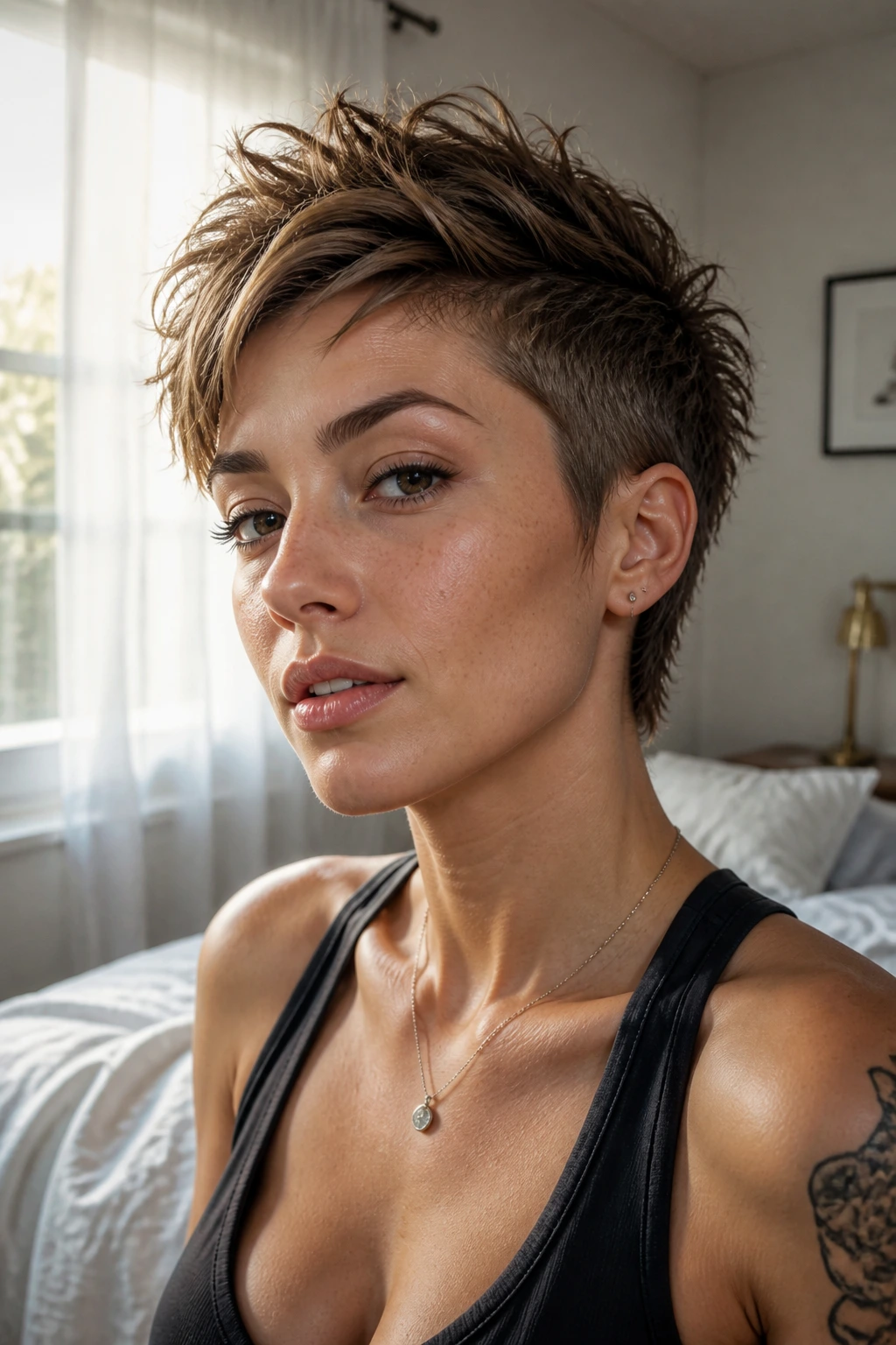 Portrait of a real person with a soft pixie mohawk in a sunlit bedroom.