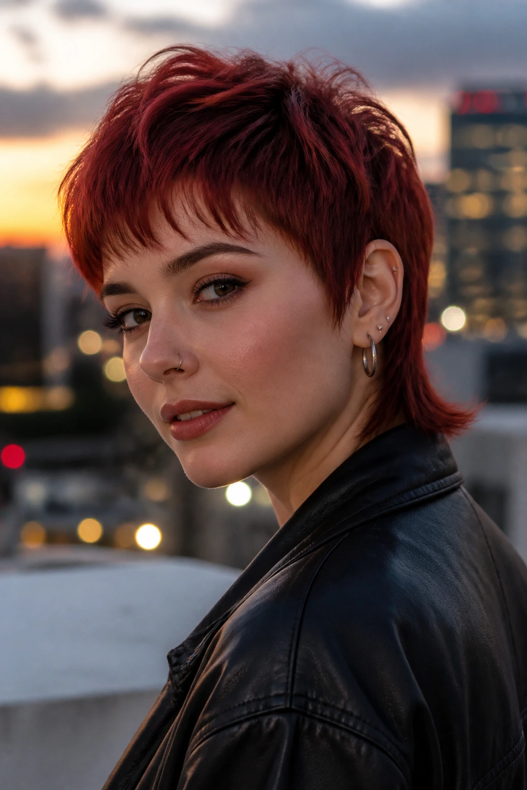 Close-up of a real woman with a soft pixie mullet in cherry red.