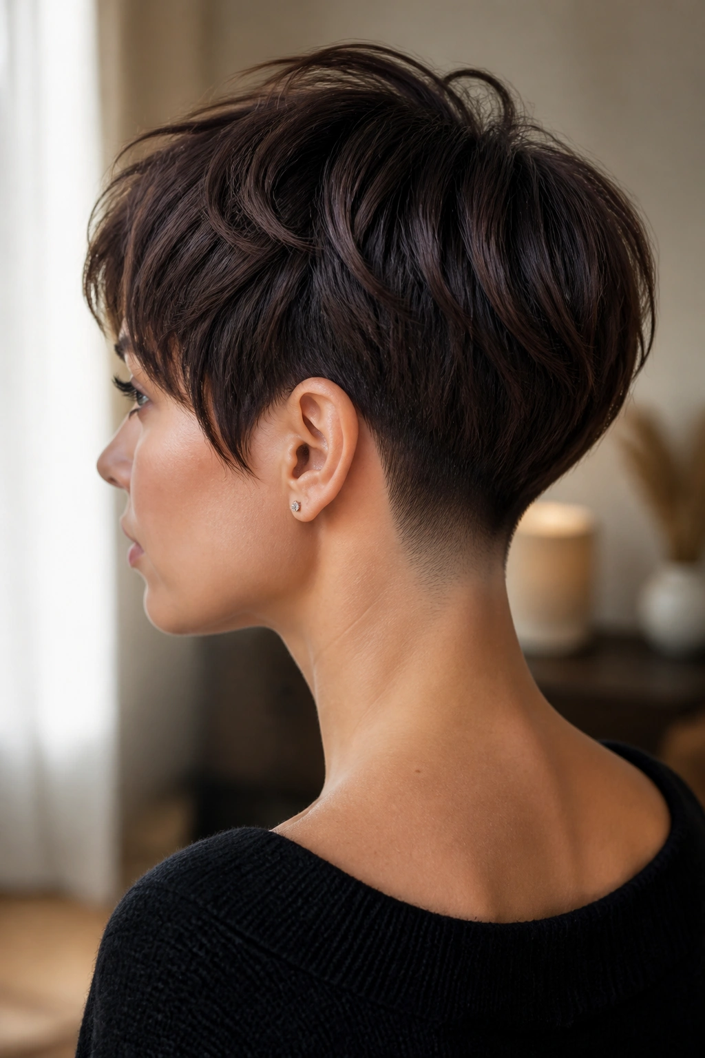 Close-up of a real person with a soft pixie and a low nape fade.