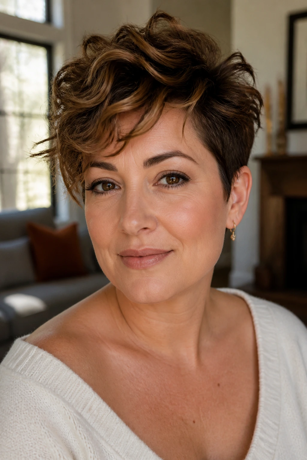 Close-up of a real woman with a soft wavy pixie and lifted top