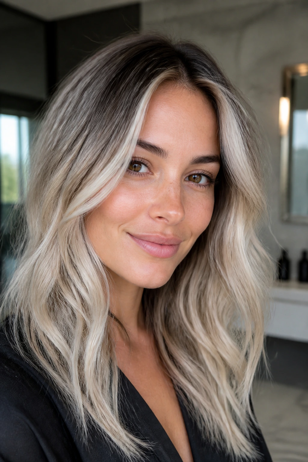 Woman with soft platinum hair and dark roots