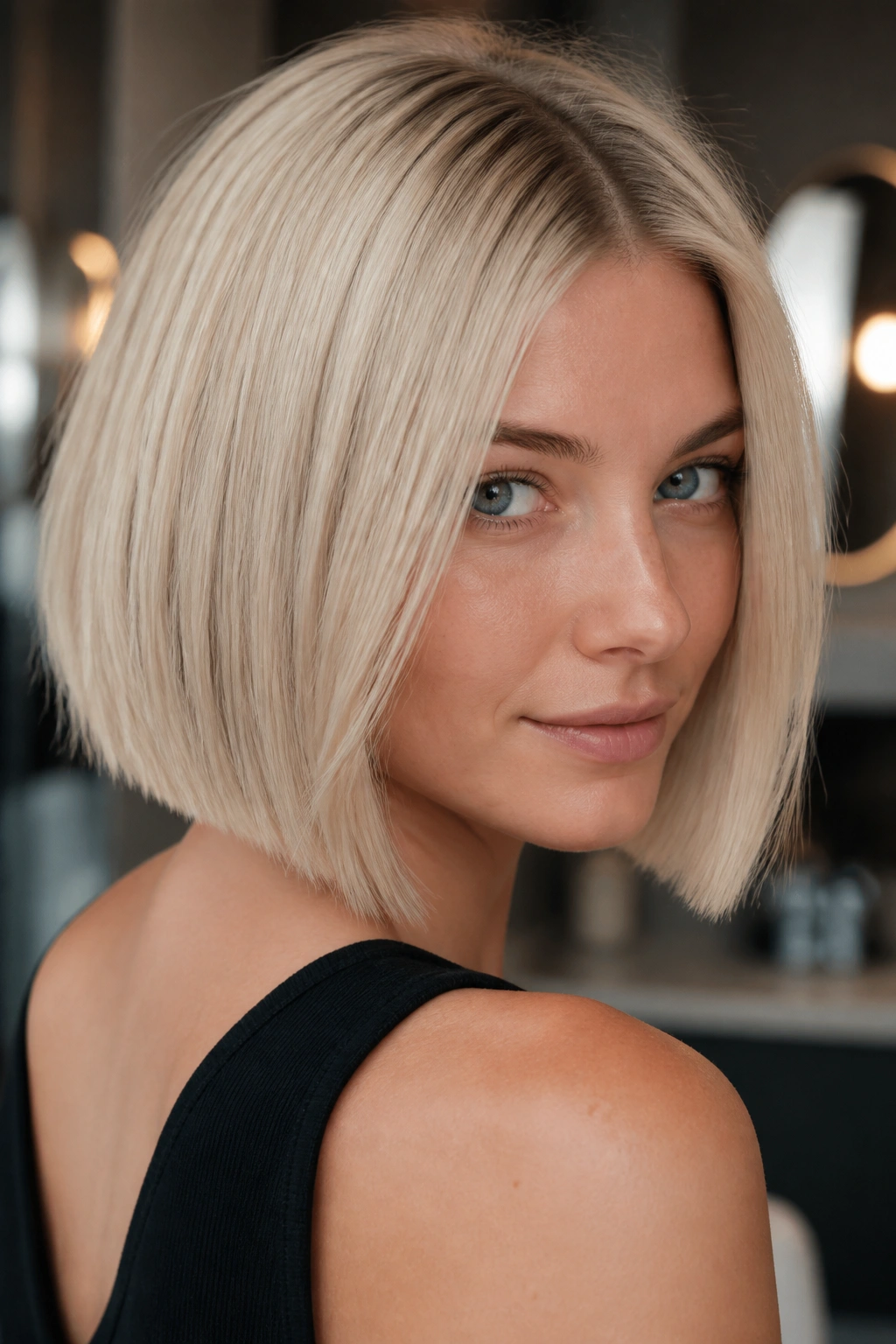 Close-up of a real woman with soft platinum sand hair in soft-lit interior