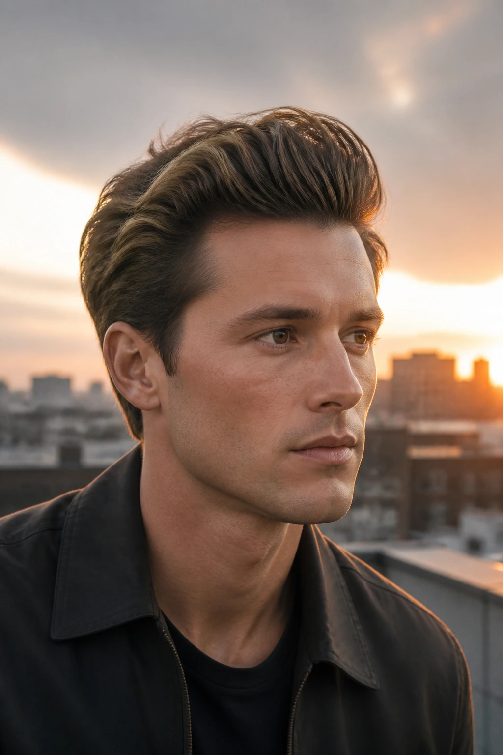 Close-up portrait of man with soft pompadour under warm golden-hour light