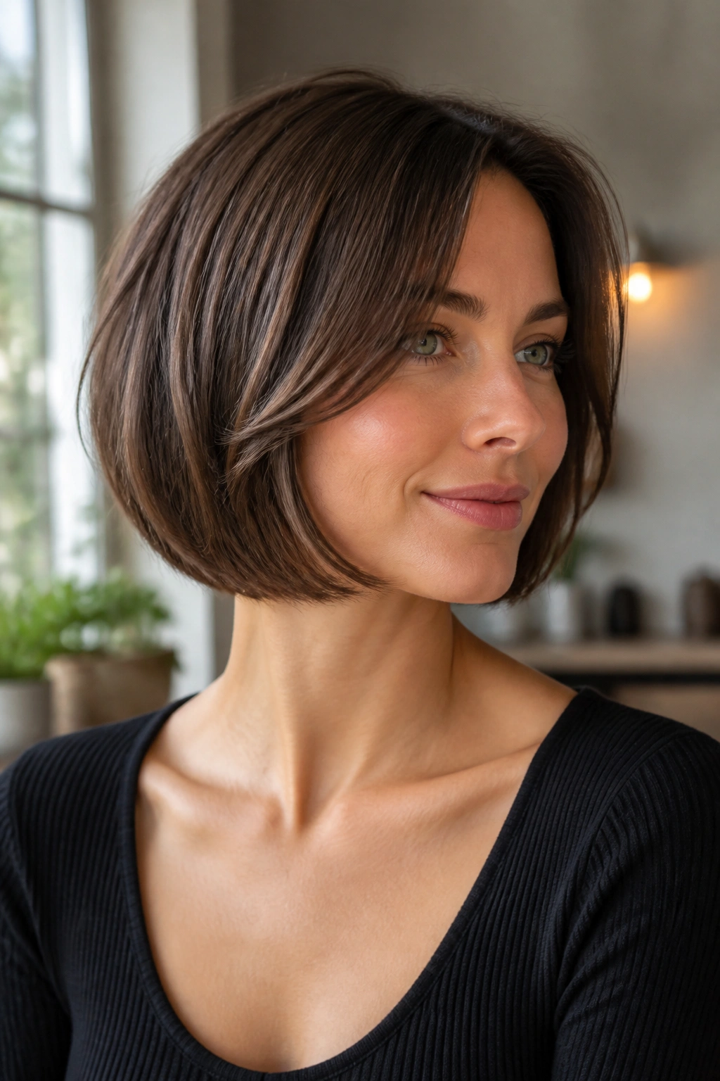 Close-up portrait of a real woman with a chin-length Soft Power Bob hairstyle showing clean edges and gentle curve.