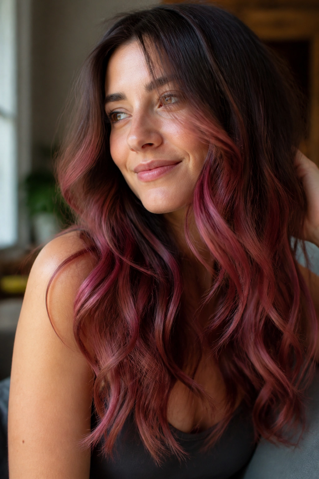Close-up of warm brunette with a soft raspberry gradient from mid-length to ends