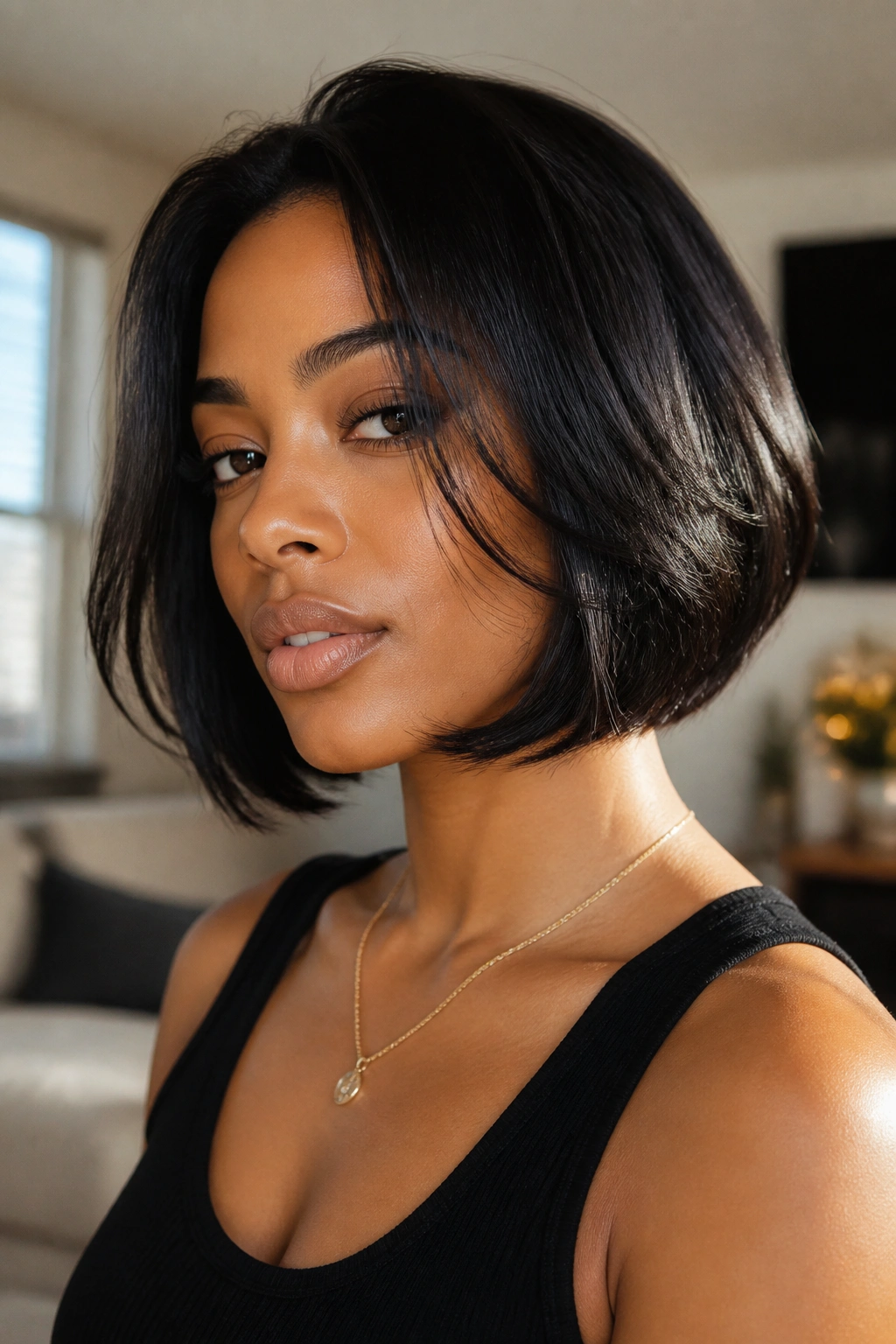 Close-up portrait of a real woman with a soft razor-cut bob and dark glossy hair.