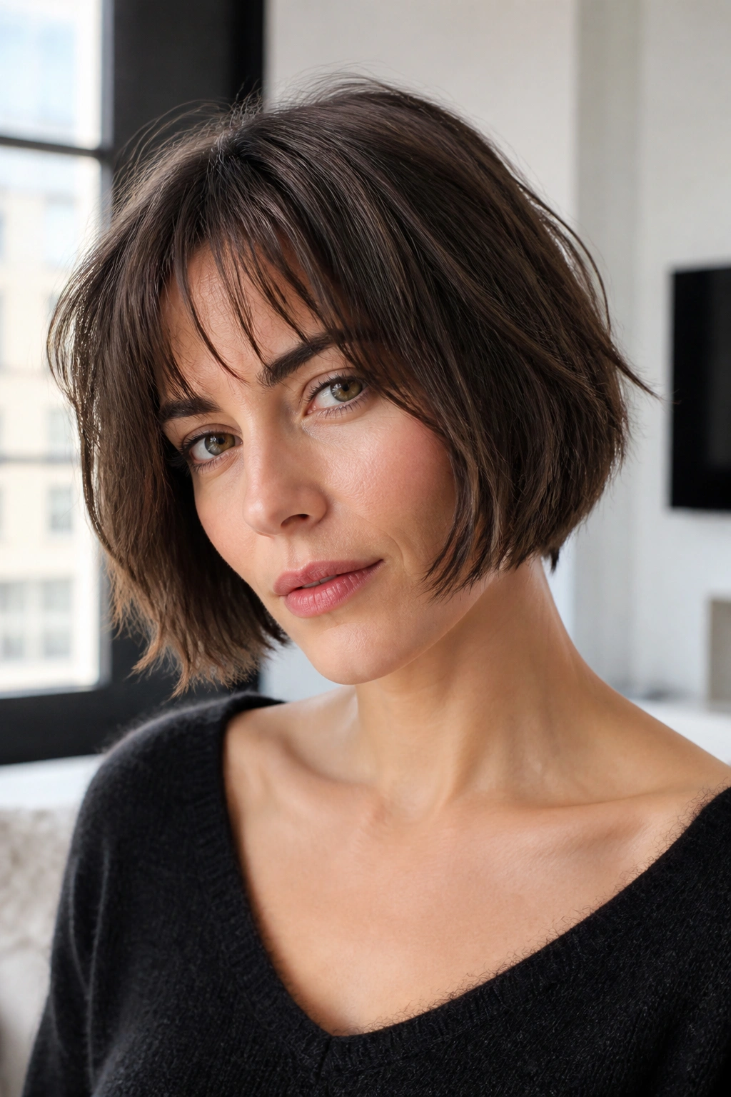 Real woman with soft razor-cut French bob in bright window light