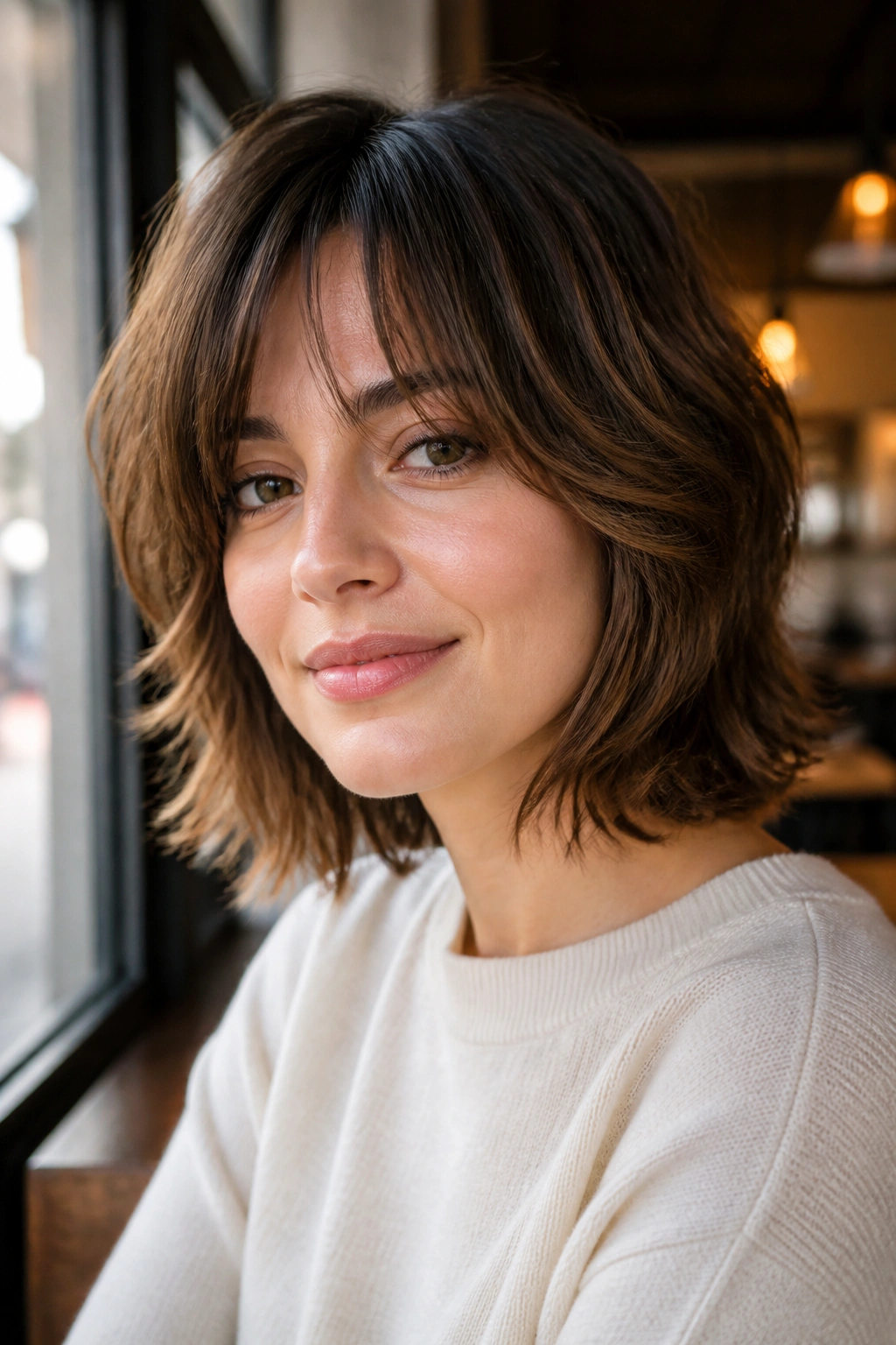 Close-up portrait of a real woman with a soft razor shag and face-opening pieces