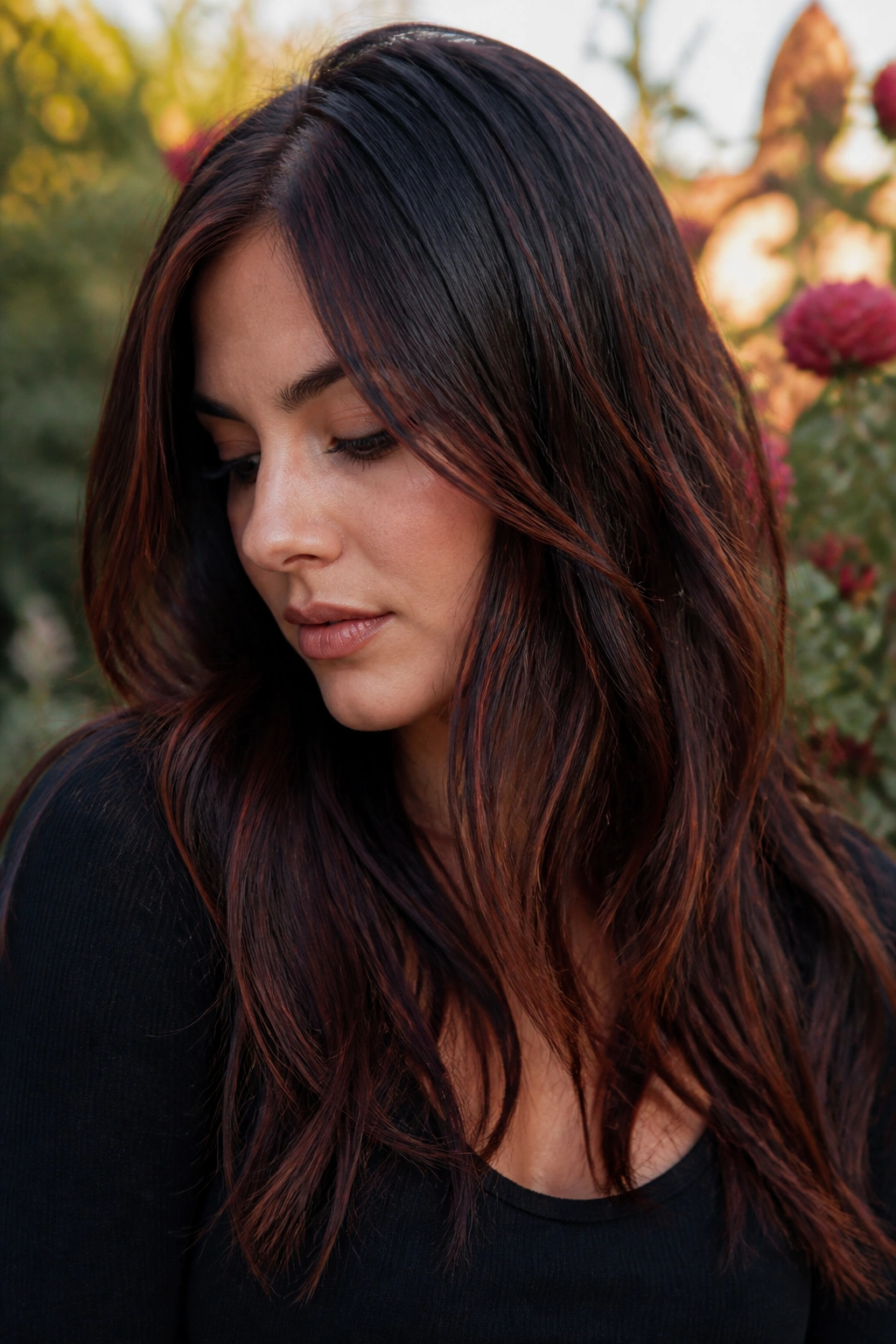 Close-up of a real woman with deep brunette hair and soft red babylights