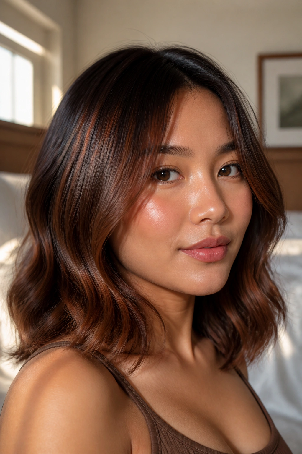 Close-up portrait of a woman with soft red-brown highlights starting below the brow