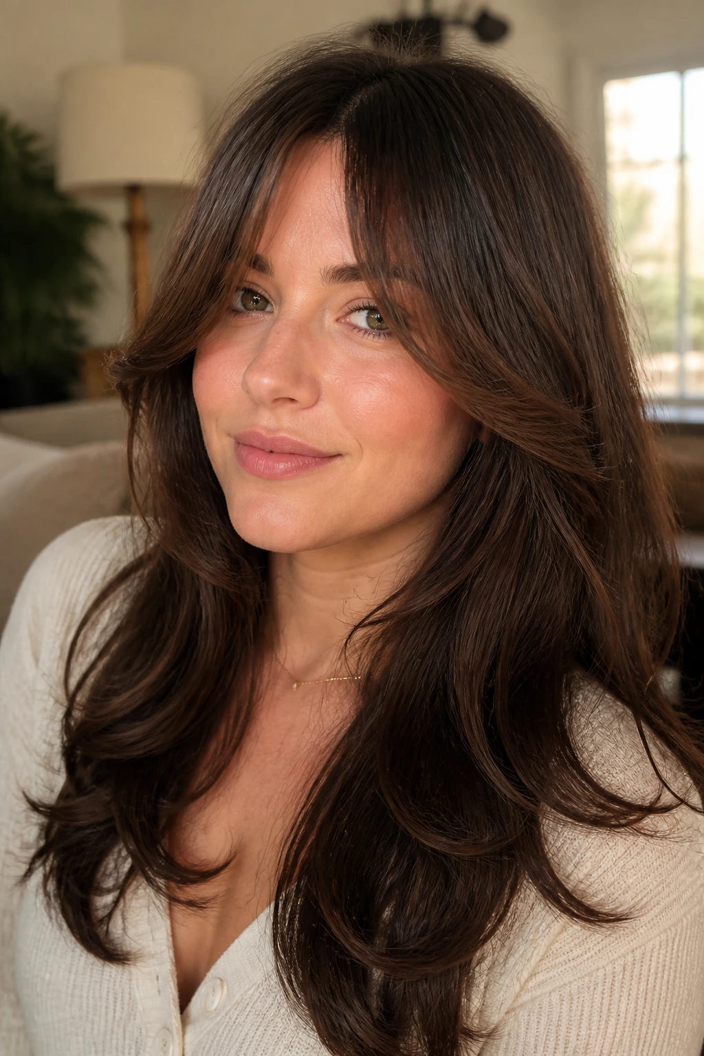 Close-up of a real woman with soft retro curtain bangs